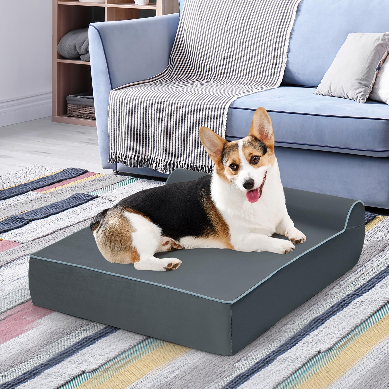 GYMAX Cama para Perros de Interior, Forro Ultra Suave, Relleno Interno de Espuma Viscoelástica con Grafeno y Esponja de Alta Densidad, Cama Desenfundable y Lavable con Cojín Lateral