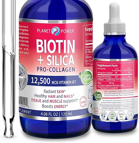 BIOTINA líquida vegana con sílice procolágeno 12,500mcg. Apoya un cabello saludable, piel brillante, uñas fuertes. Aumenta la energía. Para hombres