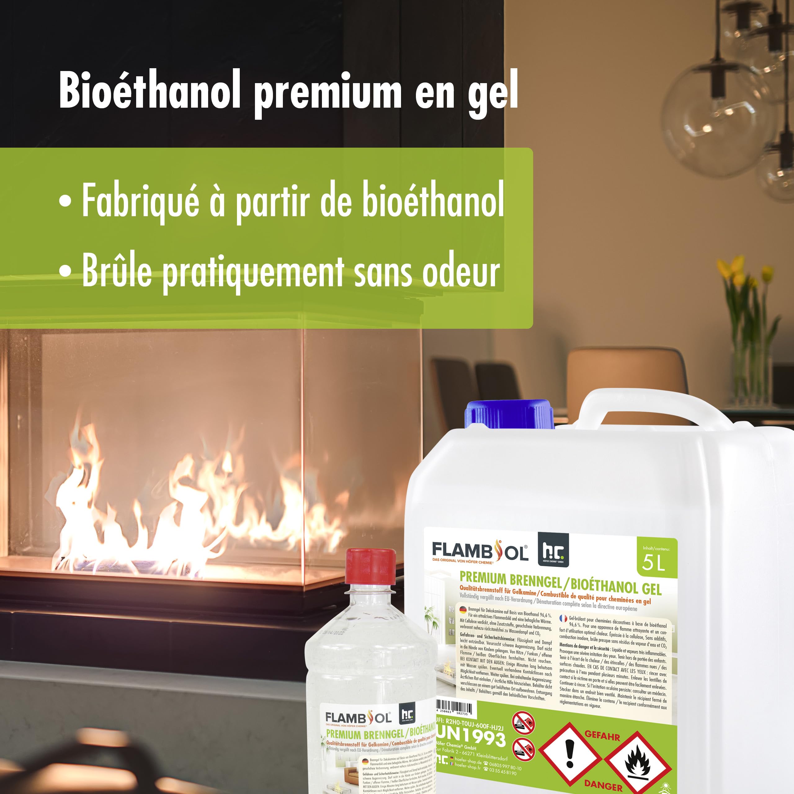 FLAMBIOL® Bioéthanol Premium en Gel (15 x 1 L) – Combustible Longue Durée, Idéal pour Cheminées d'Intérieur et d'Extérieur – Formule Améliorée et Écologique, Fabriqué en Allemagne