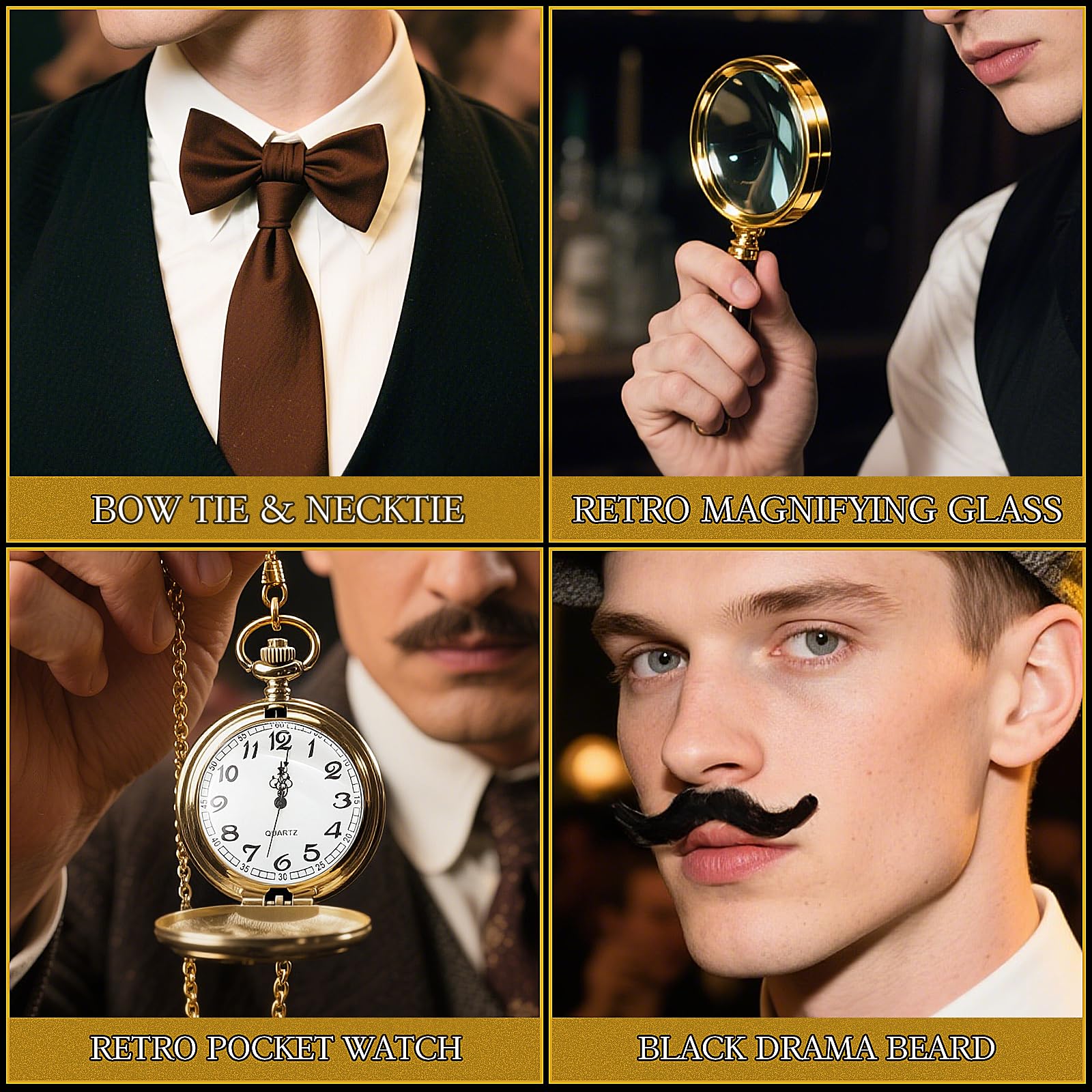1920s Mens Costume Accessories Set, Vintage Gentleman Gatsby Gangster Fancy Dress with Adjustable Metal Folding Cane Pocket Watch Bow Tie Glasses Cuffs Beard Magnifier for Roaring 20s Themed Party - Image 4