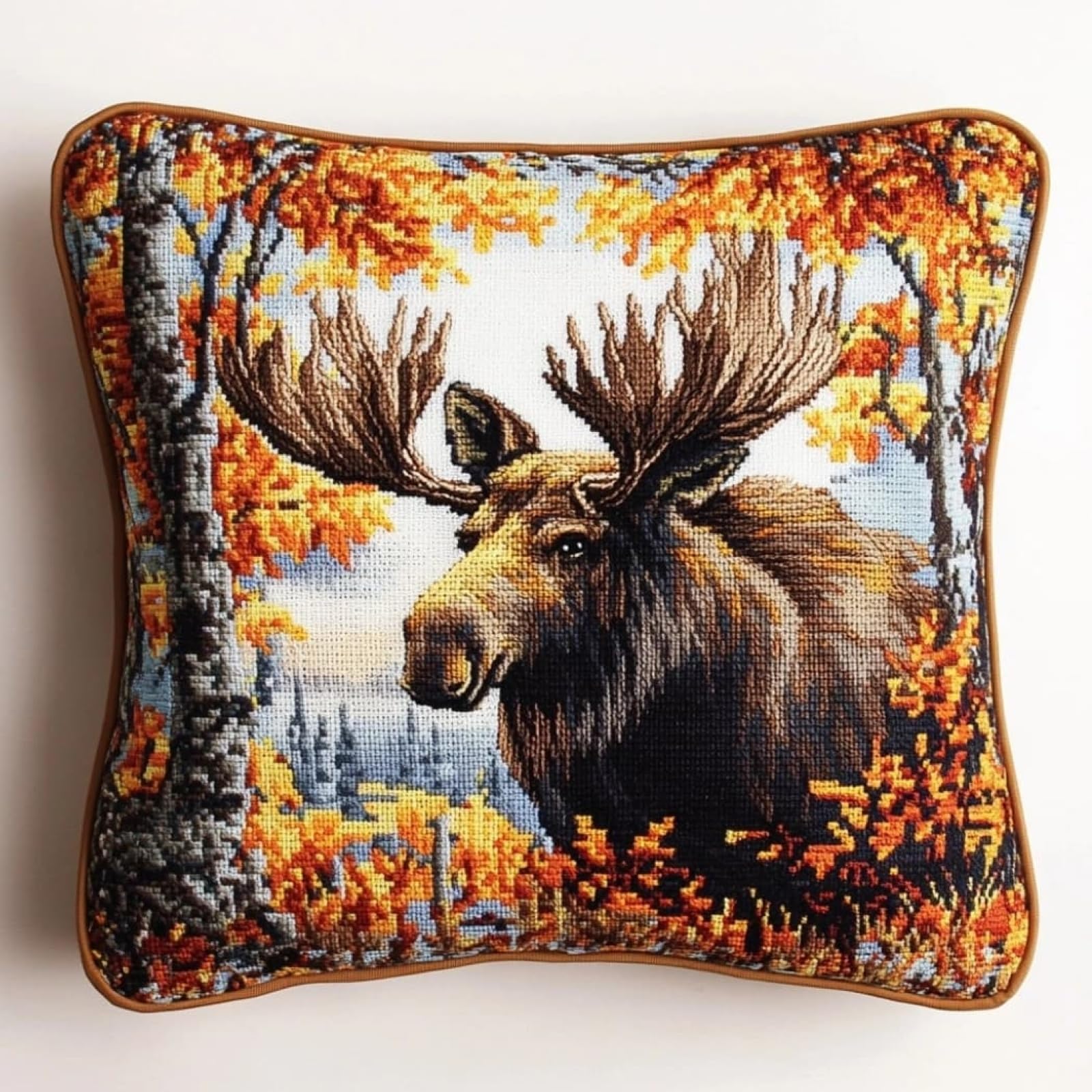 WallustrioaW DIY Stamped Cross Stitch Pillow Kits,Moose in the Forest 11CT Needlepoint Handmade Cushion Cover Home Sofa Christmas Decoration 45x45cm
