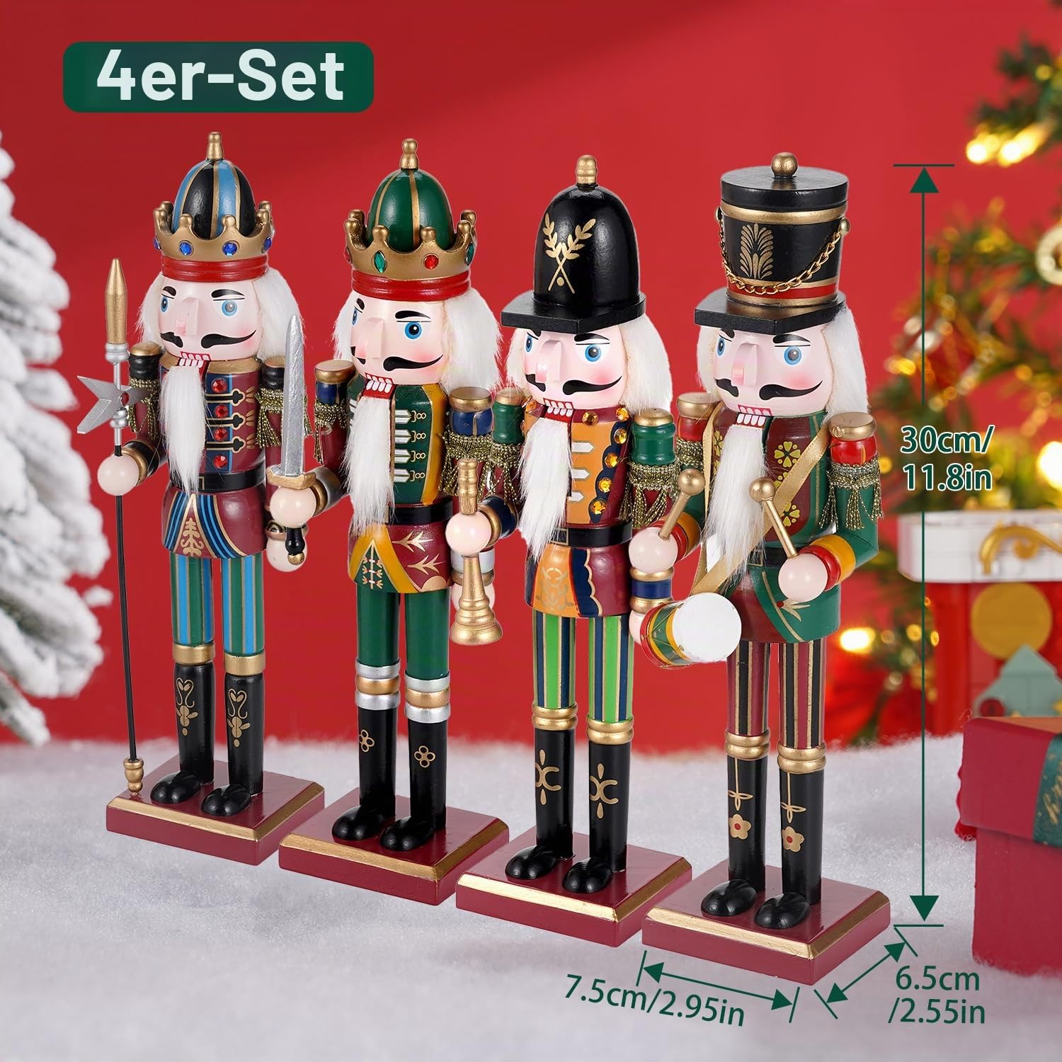 4pc Weihnachten Nussknacker Soldat 30cm Holz Nussknacker Weihnachtsdekorationen für Kamin, Weihnachten Nussknacker Figuren Indoor Weihnachtsdekorationen -Trompeter, Drummer, Schwertmänner, Pikeman