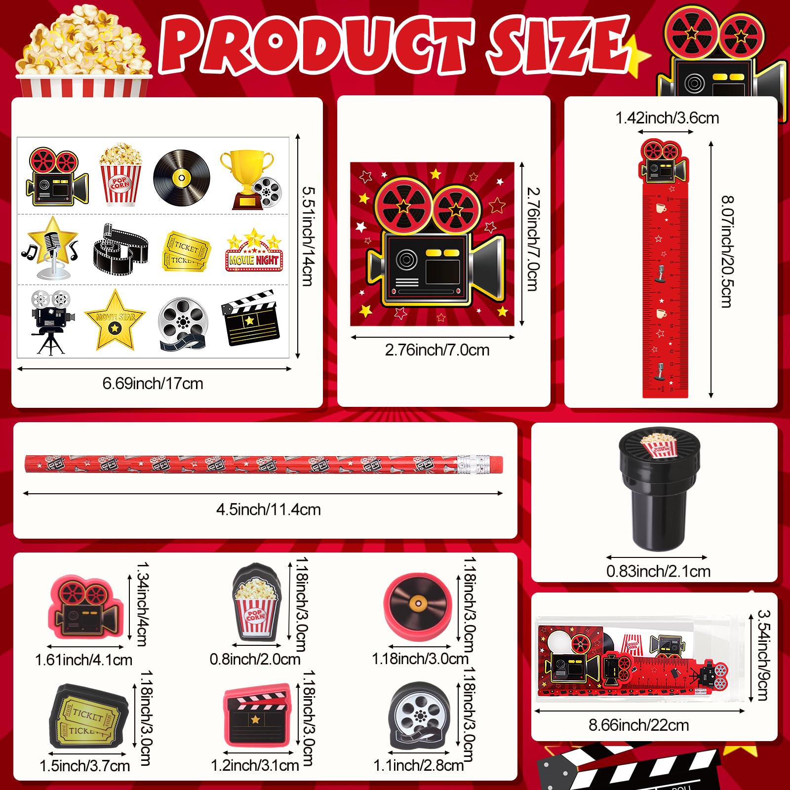 Lot de 168 articles de papeterie pour soirée cinéma, bloc-notes, autocollants, gomme, règle et crayon pour tapis rouge VIP pour fête prénatale, fête d'anniversaire
