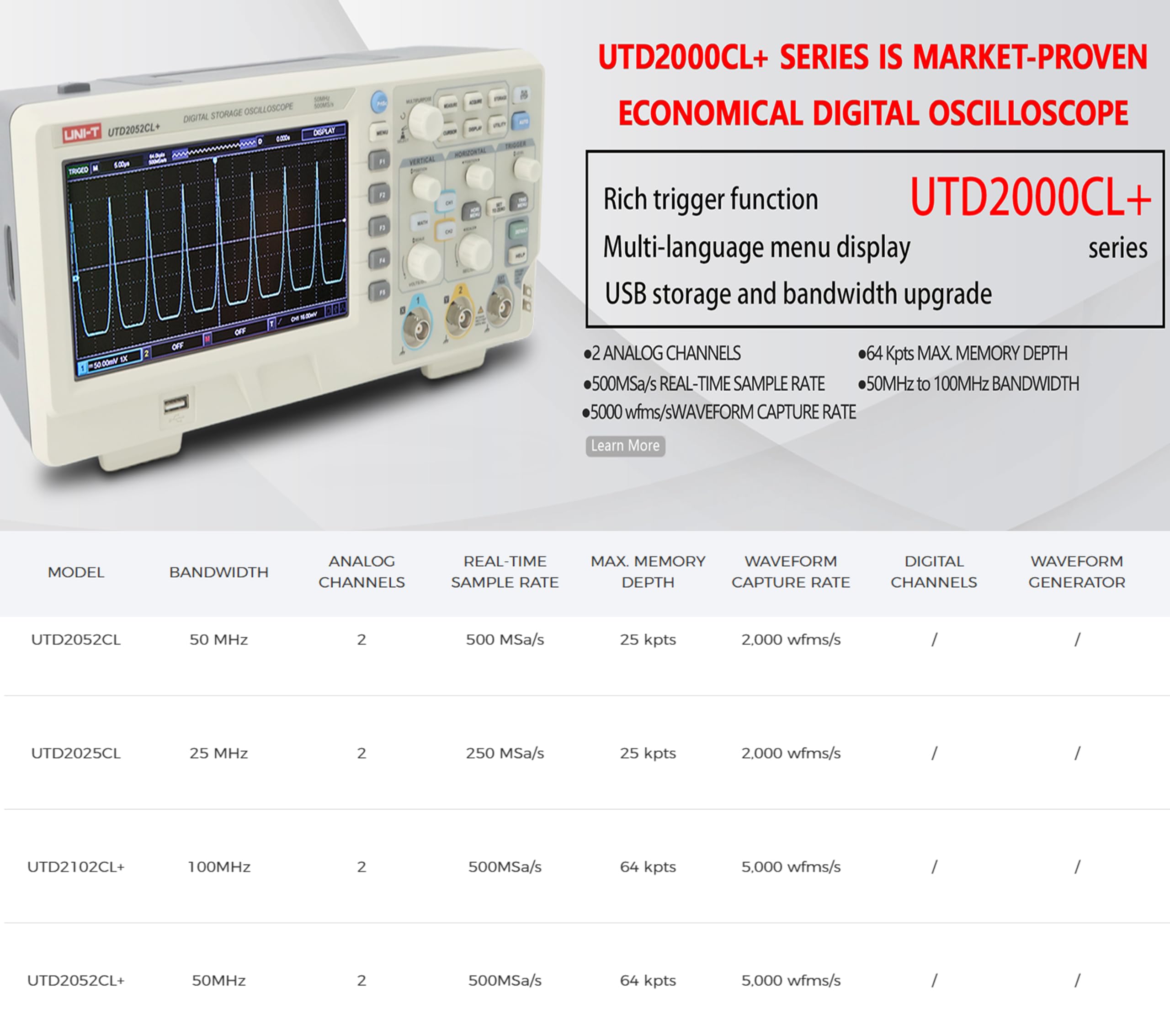 Oscilloscopio digitale a memoria UNI-T UTD2102CL+ - Oscilloscopio digitale a memoria 100 MHz