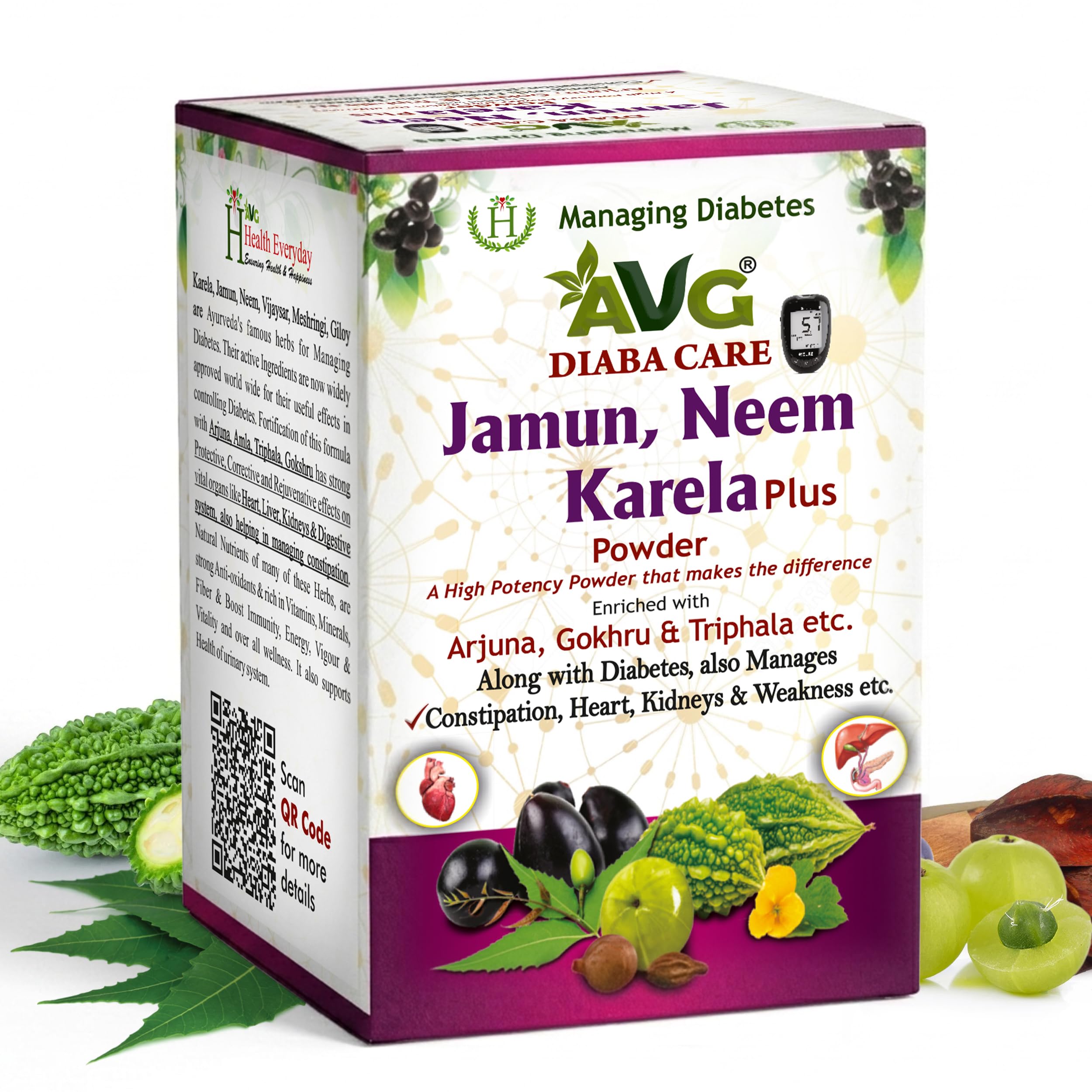 AVG Health Organics Diaba Care Karela Jamun Neem Powder 200g, Diabetes Control Ayurvedic Supplement with Arjuna, Gokhru & Triphala, Helps in Relieving Constipation-image-45