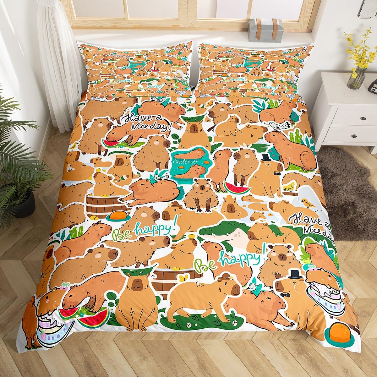 Homewish Capybaras Bettbezug für Kleinkinder Kinder, Glückliche Capybaras Bettwäsche Set Lustige Nagetiere Tiere Bettbezug Cartoon Capybara Bett Set Schlafzimmer Sammlung mit 1 Kissenbezug, 135x200