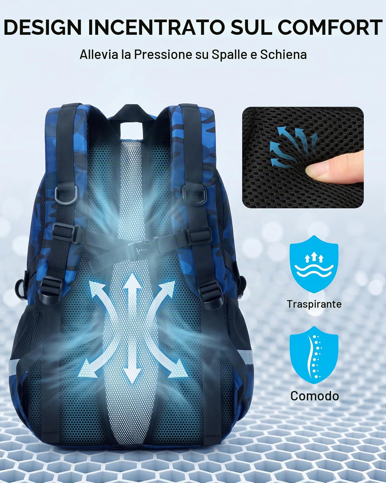 Tanou Zaino Scuola per Ragazzi, Zaino Media Ragazzo Traspirante | 28L Grande Capacità, Zaini Casual Mimetico en Nylon Impermeabile Buono per La Scuola e i Viaggi, Blu