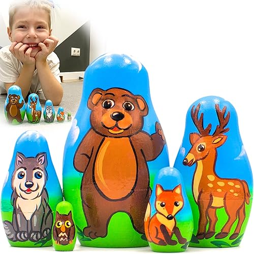 AEVVV Juego de 5 muñecas anidadas de animales salvajes - Matryoshka con figuras de animales del bosque - Decoración de animales salvajes
