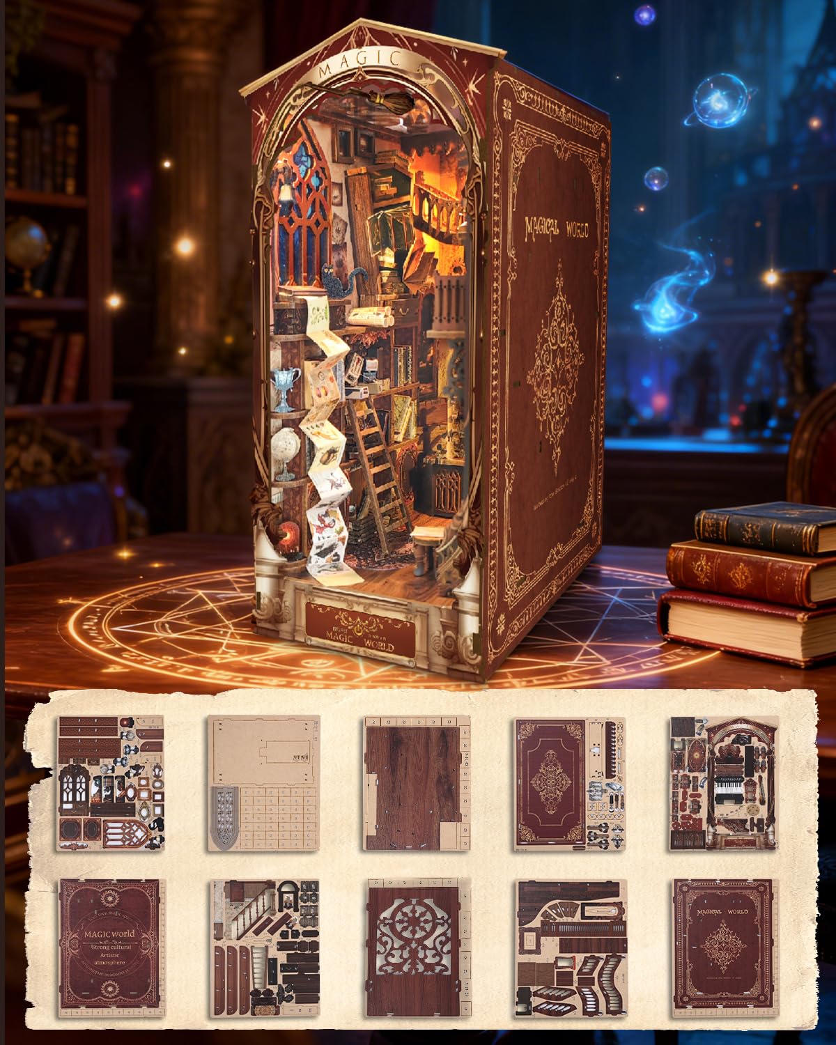 heuchaey Book Nook Kit, Puzzle Stazione Magia Booknook, Casa in Miniatura DIY House con Luce LED, 3D Puzzle in Legno, per Adulti e Ragazzi, Modellismo Creativo, Decorare Librerie, Regalo Originale