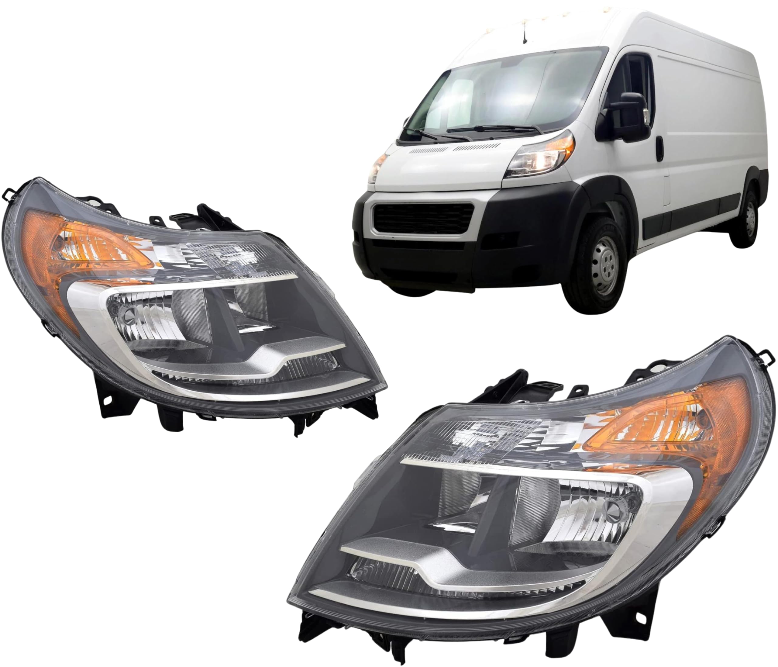 Replacement for Ram 2014-2022 Promaster Halogen Headlight Assembly Pair Set With DRL for 1500/2500/3500 Cargo Van, Including Bulbs, Left&Right, DOT&SAE, 68154588AK, 68154589AK