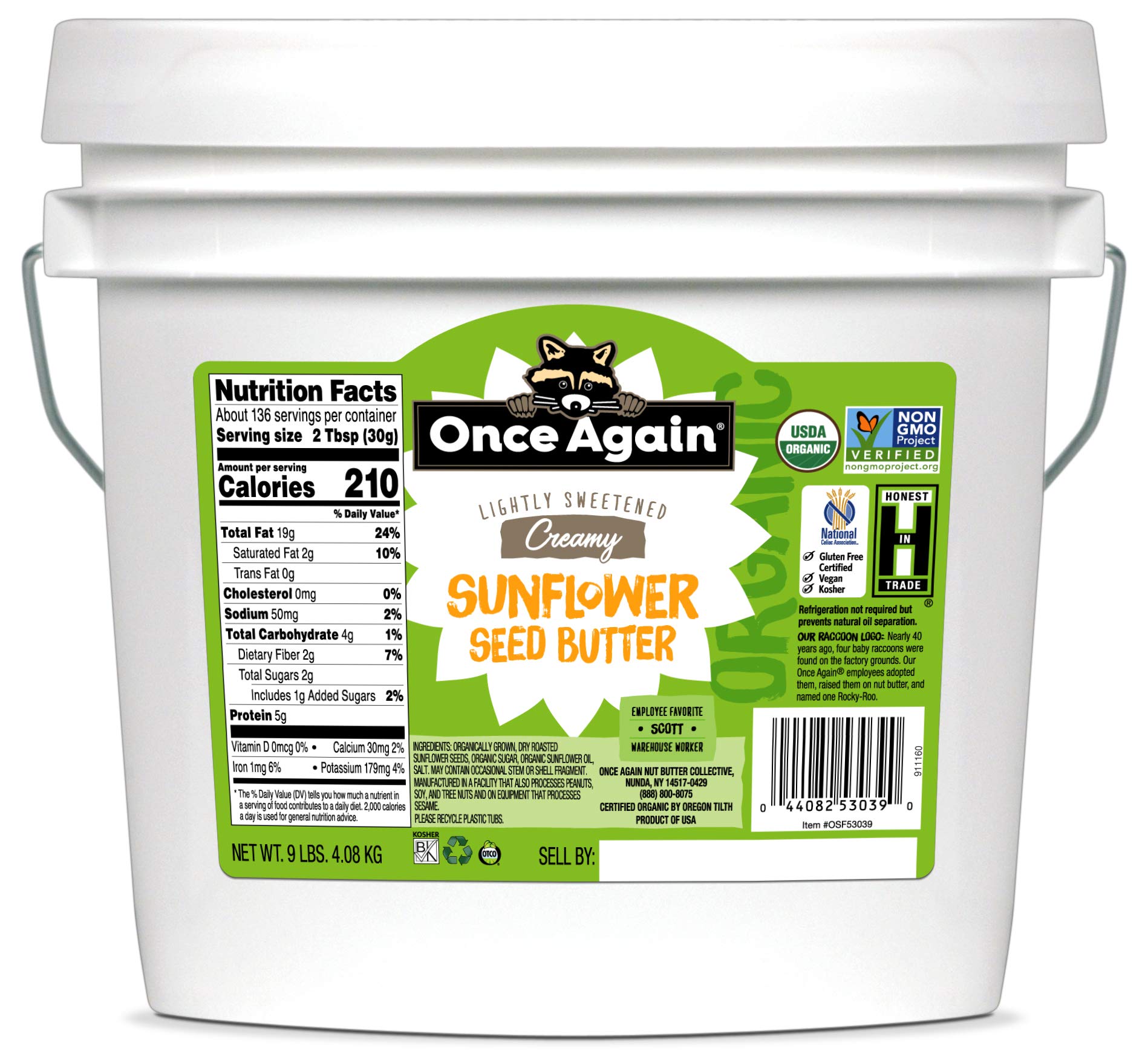 Once Again Organic Creamy Sunflower Butter, 9lb Bucket (same as 9 jars) - Lightly Salted & Sweetened - Peanut Free, USDA Organic, Gluten Free Certified, Vegan, KosherUSDA Organic