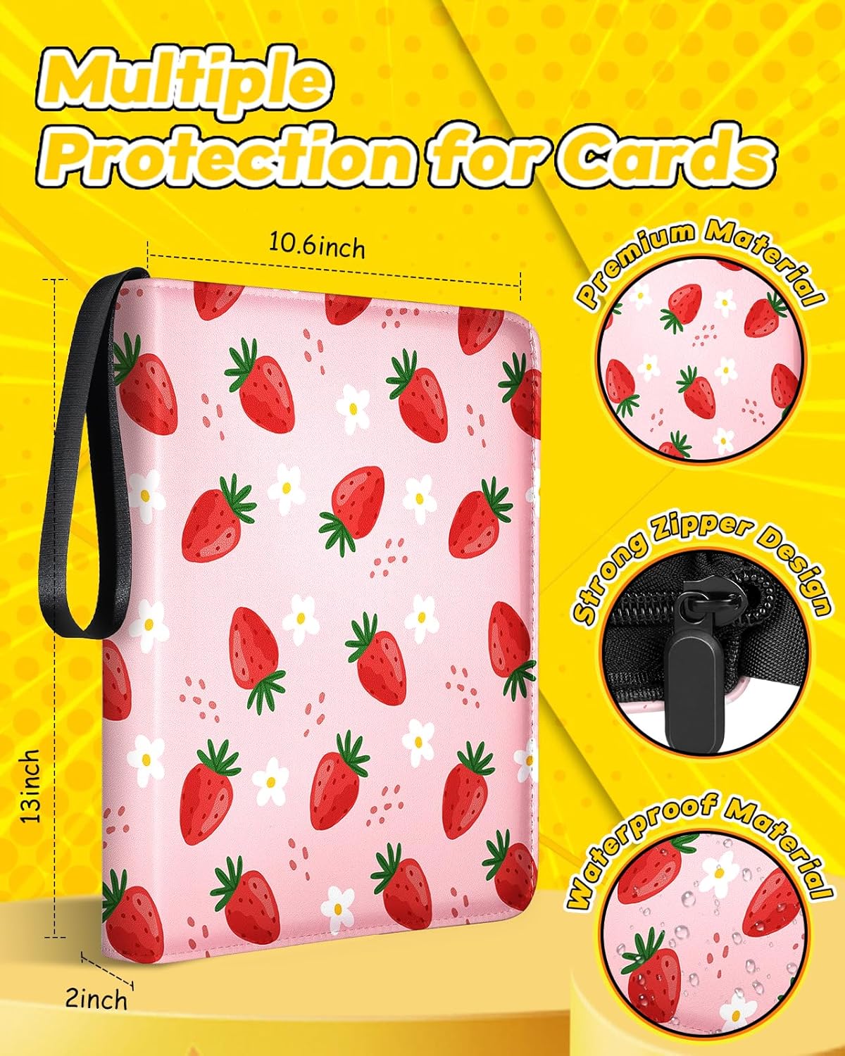 Lotadilo for 9 Pocket Card Binder Large Capacity for 900 Cards - Trading Card Collection Album Folder Double Sided Pocket with Zipper Strawberry for Girls Girly Teens for Sports Cards Game Cards