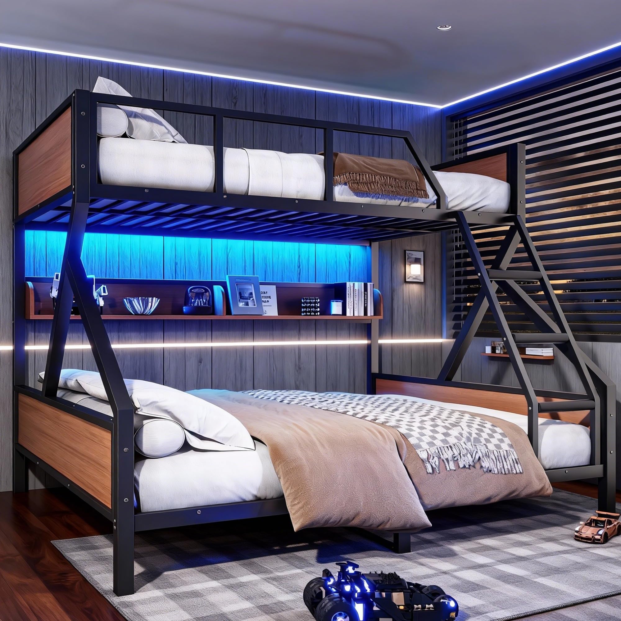 Photo 1 of ** MISSING SOME PIECES*** Queen over King Bunk Bed with Storage Shelves, Metal Bunk Beds with Ladders and LED Lights, Heavy-duty Bunkbed for Bedrooms, Guest Rooms and Dorms, No Box Spring Needed and Noise-free Design, Black