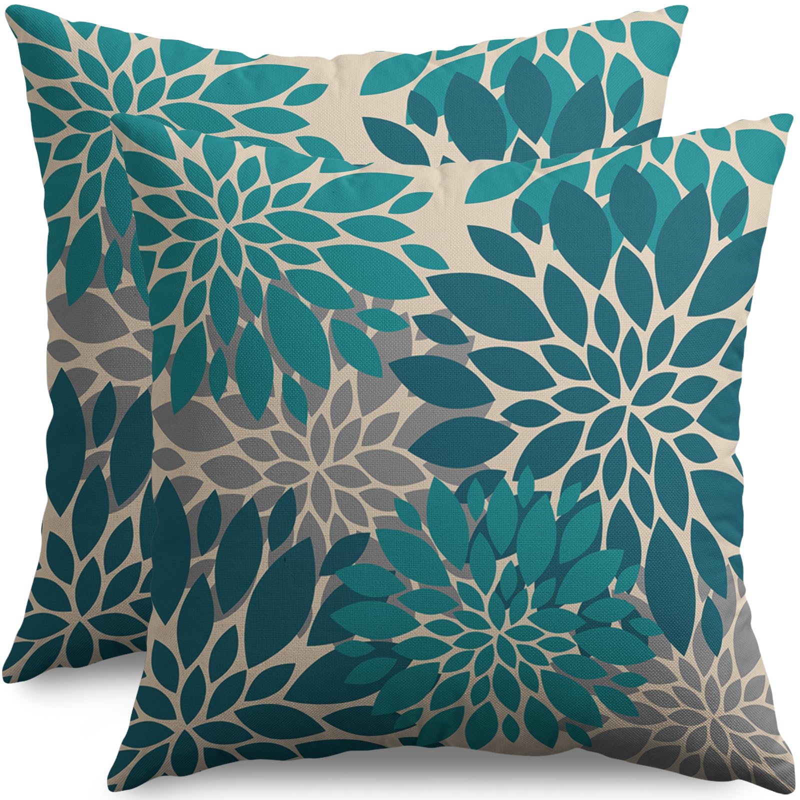 Smozenith Teal Grey Gray Pillow Covers 16X16 Inch Set of 2, Spring Modern Geometry Dahlia Floral Print Decorative Throw Pillow Covers Outdoor Farmhouse Cushion Case for Couch Sofa Bed Decor