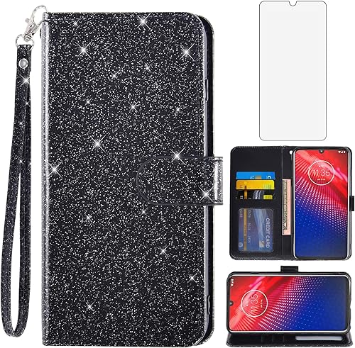 Asuwish Funda de teléfono para Moto Z4Moto Z 4 PlayMotoZ4 Force con protector de pantalla de vidrio templado y cartera con purpurina, soporte para