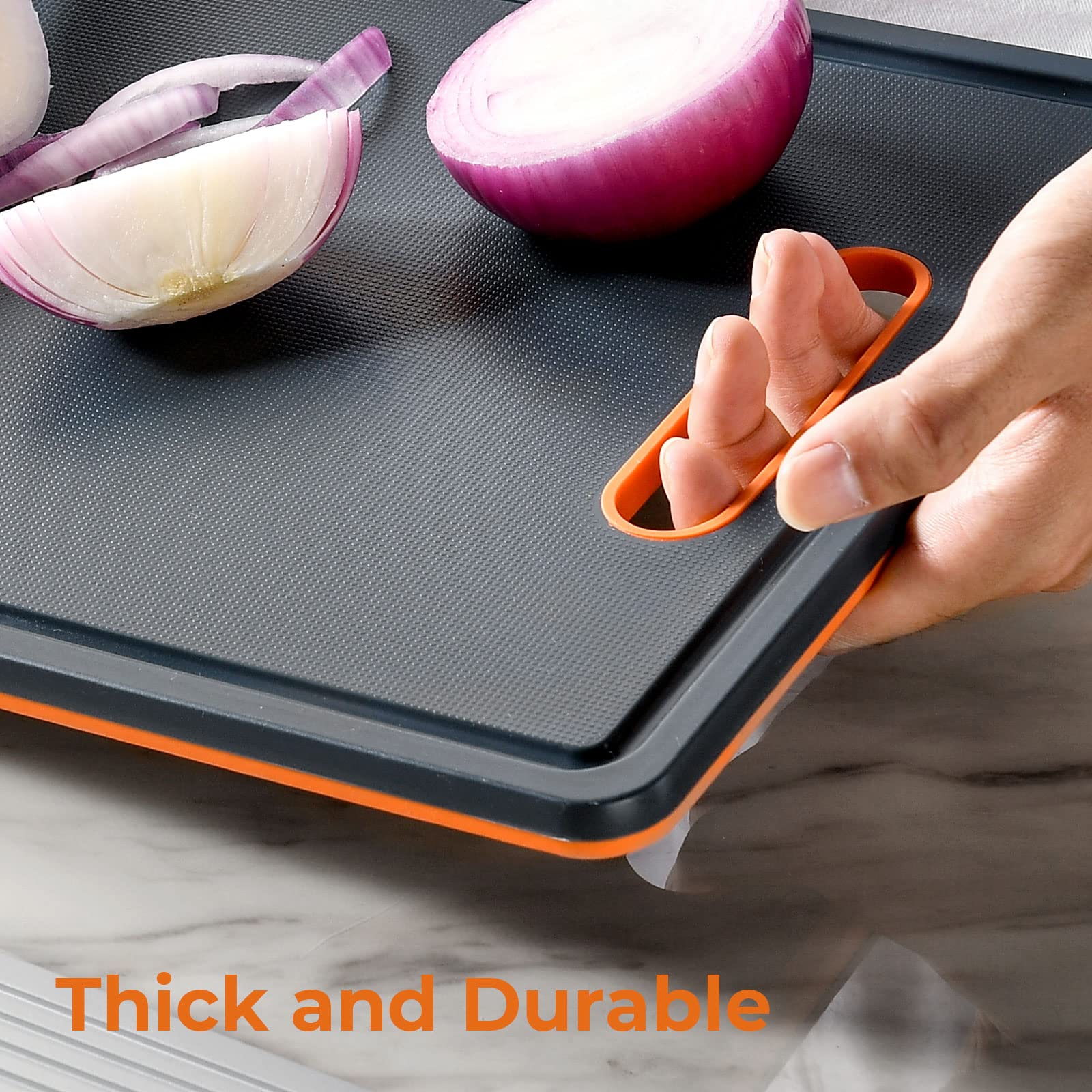 Linoroso Set di 3 Taglieri da Cucina in Plastica con Scivolo per il Succo, Tagliere per Scongelare la Frutta Tagliere Antiscivolo Antibatteri Lavabile in Lavastoviglie - Arancione Lava