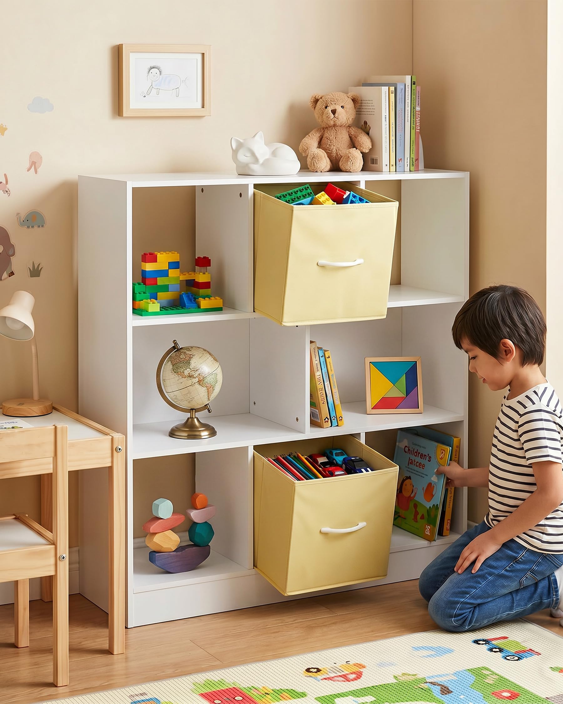 Estanteria Infantil y Juvenil Estanteria Libros Infantil con 2 Cajones de Tela Mueble Organizador Juguetes Multiuso para Habitacion y Salon Estructura Estable 97.5 x 30 x 100 cm Blanco