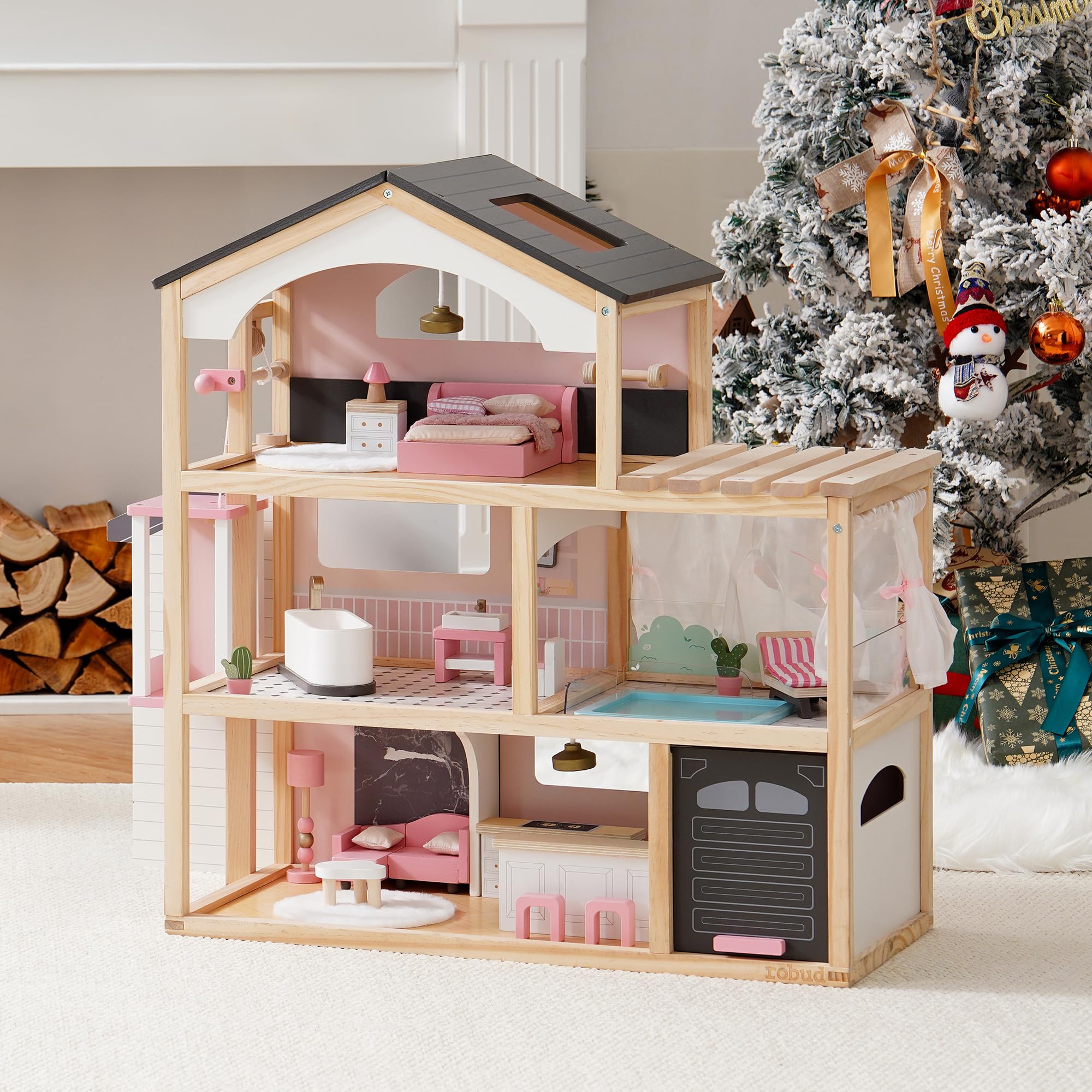 ROBUD Casa delle bambole in legno, villa delle bambole con mobili, con ascensore, garage, gazebo e piscina, regalo per bambini dai 3, 4, 5, 6 anni in su, nero