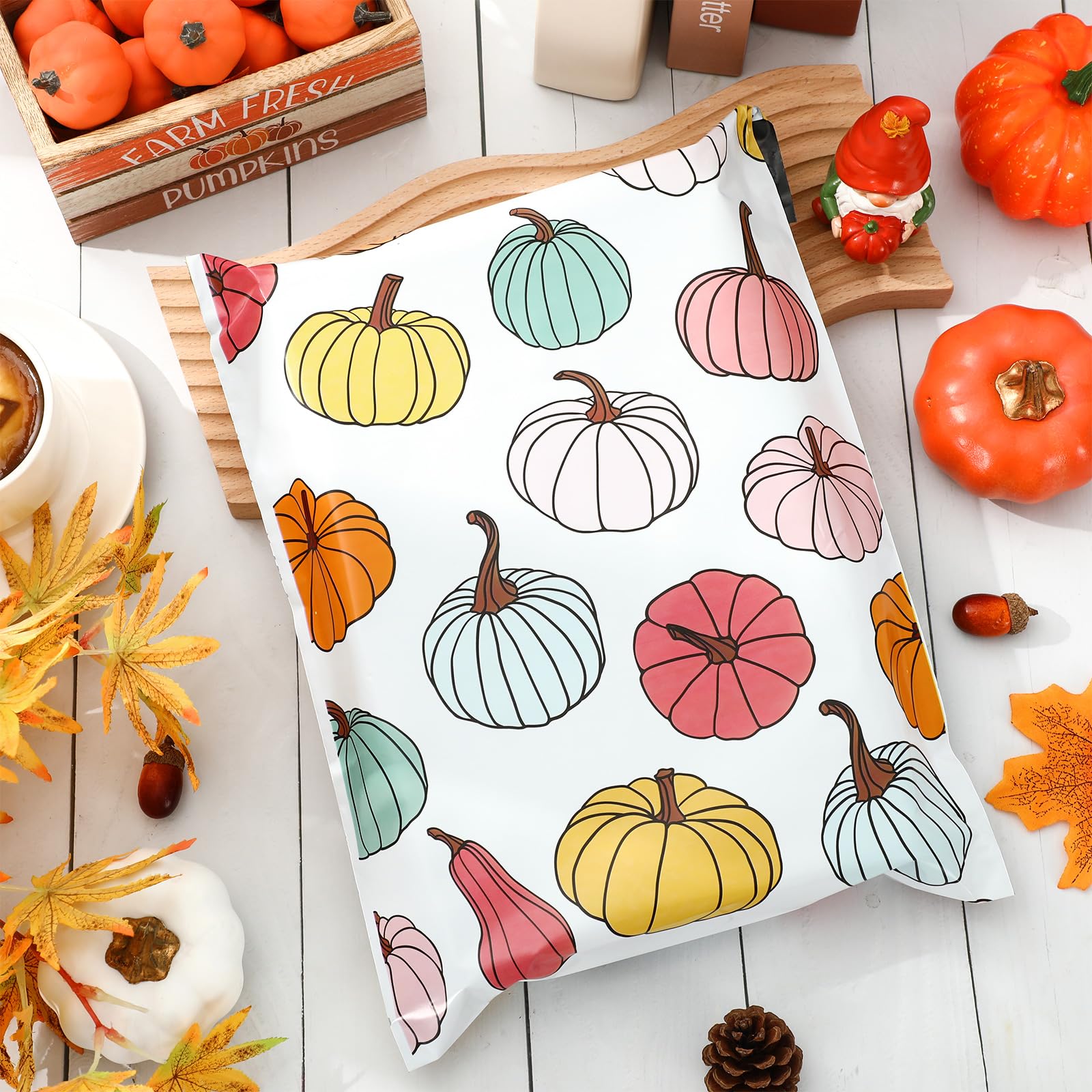 Whaline Lot de 100 enveloppes d'expédition en polyéthylène imperméables et auto-adhésives pour la récolte d'automne, Thanksgiving, vêtements de petite entreprise - 25,4 x 33 cm