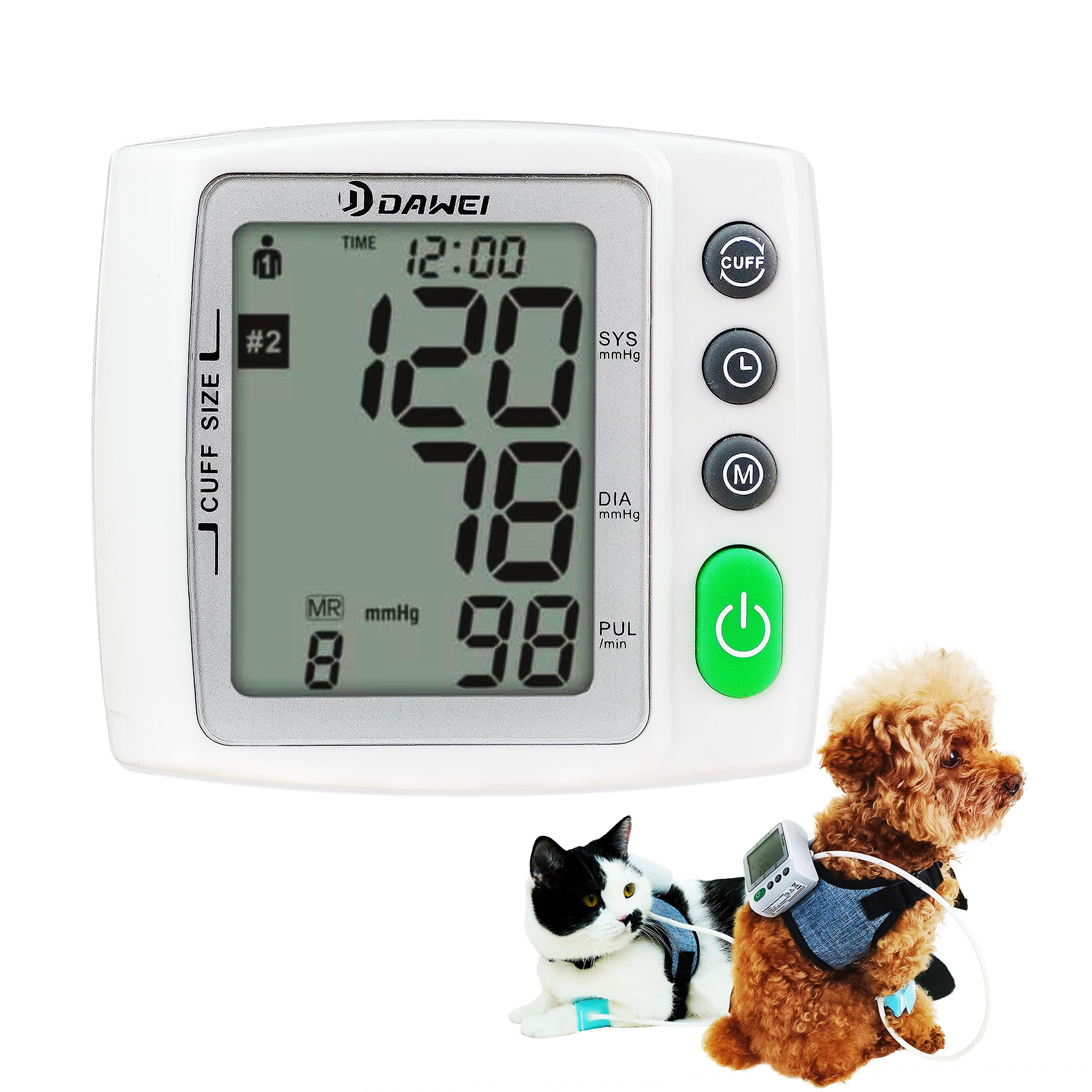 Wearable Pet Blood Pressure Monitor for Cats & Dogs, Automatic Oscillometric Veterinary BP & Heart Rate Monitor, 4 Adjustable Cuffs 4.2–15cm, Dual-User 120 Memory, Portable Home & Vet Clinic Use