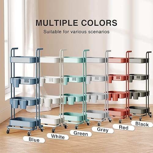 Miniatura 6 de DTK 4 Tier Foldable Rolling Cart, Metal Utility Cart with Lockable Wheels, Folding Storage Trolley for Living Room, Kitchen, Bathroom, Bedroom and