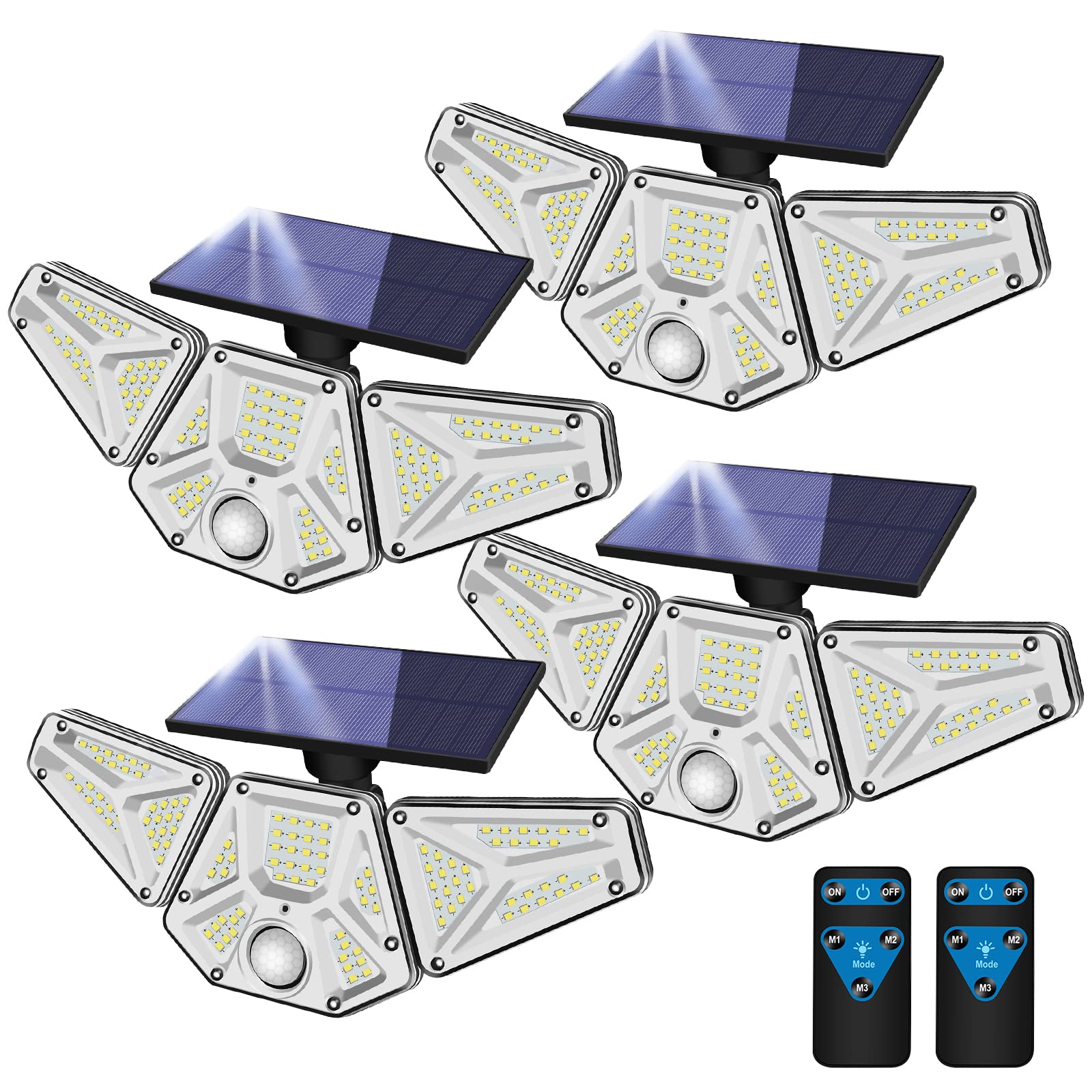 Gulliva Motion Sensor Flood Lights, 113 LED, Solar Flood Lights, 3 Modes IP68 Waterproof Bright Solar Outdoor Lights, 3 Head Adjustable Security Lights for Yard/Garage/Garden/Fence (4 Pack)