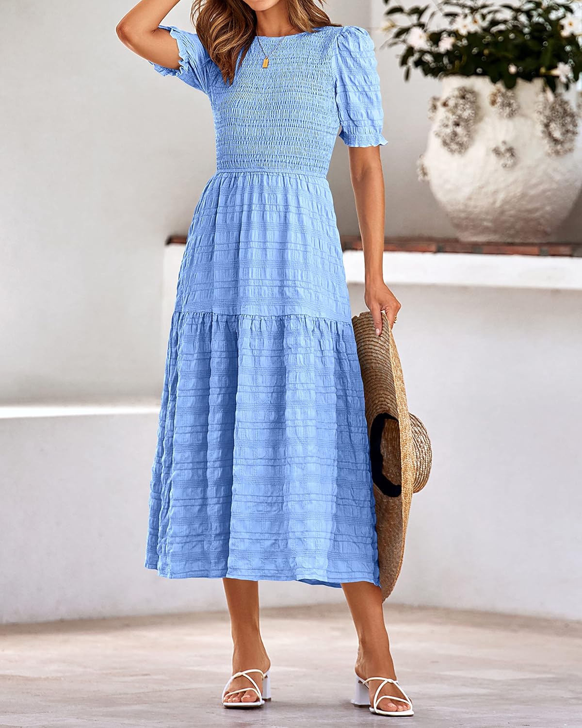 dowerme Womens Summer Dresses 2026 Casual Puff Short Sleeve Crewneck Smocked Flowy Ruffle Boho Beach Party Maxi Sundress - Image 6