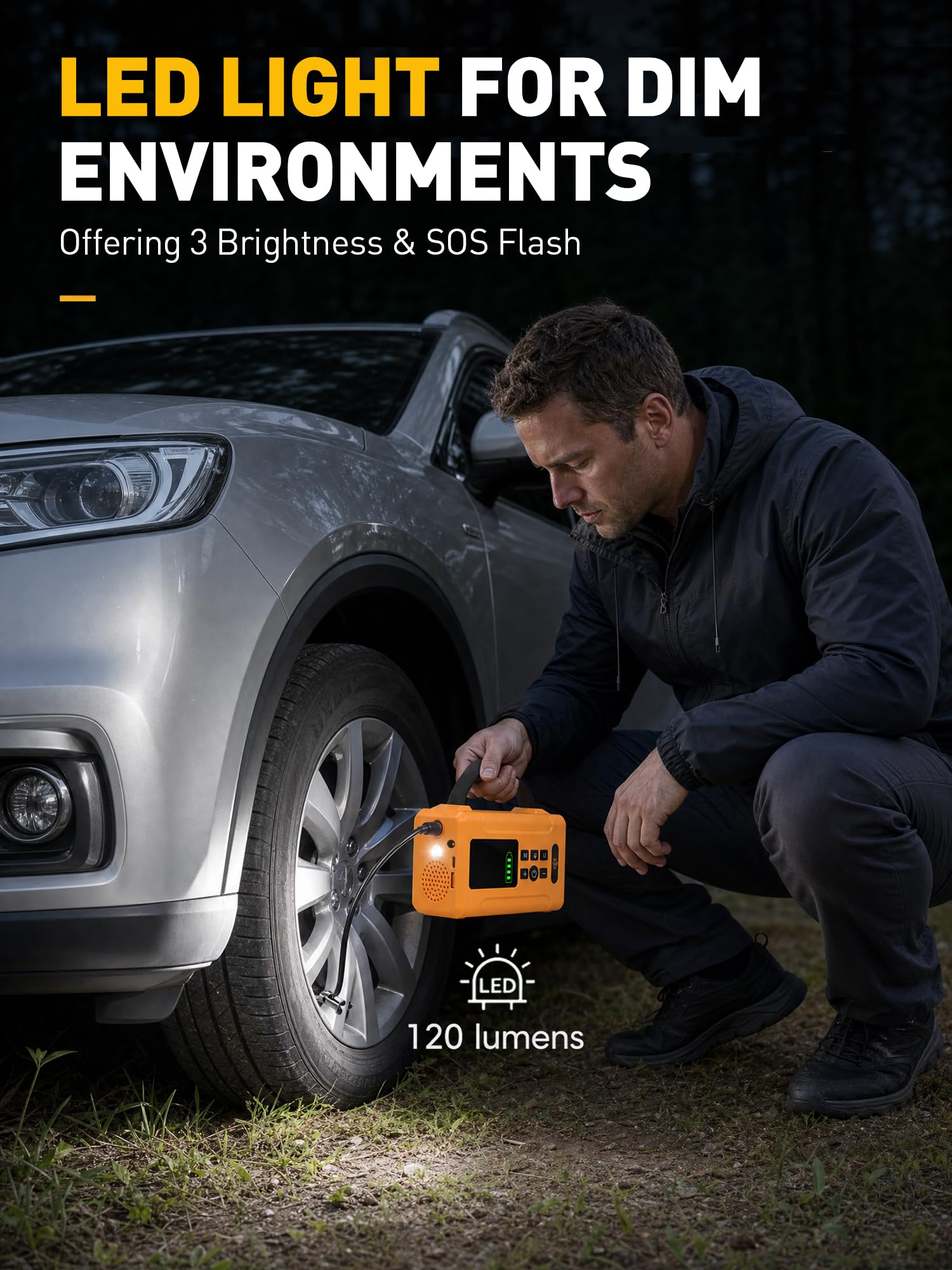 Reifenfüller, tragbarer Luftkompressor, 160 PSI Luftpumpe für Autoreifen, 6000 mAh & 12 V Gleichstrom, schnell 24 l/min, digitales Reifendruckmesser, LED-Lichter, 5 Modi, automatische