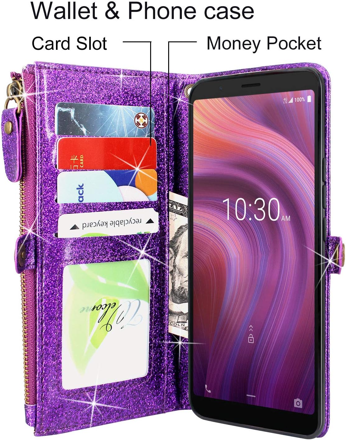 Lacass Premium Leather Flip Zipper Wallet Case Cover Stand Feature with Card Holder and Wrist Strap for Alcatel 3V 2019 (Bling Purple)