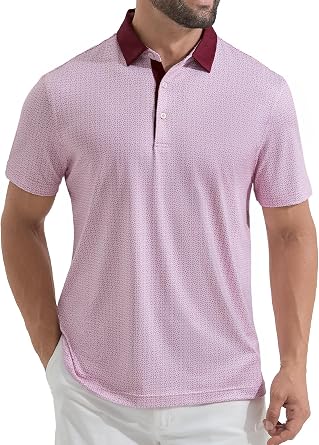 Mens Golf Polo Shirts Short Sleeve Dry Fit Performance Moisture Wicking Print Collared Golf Shirts for Men