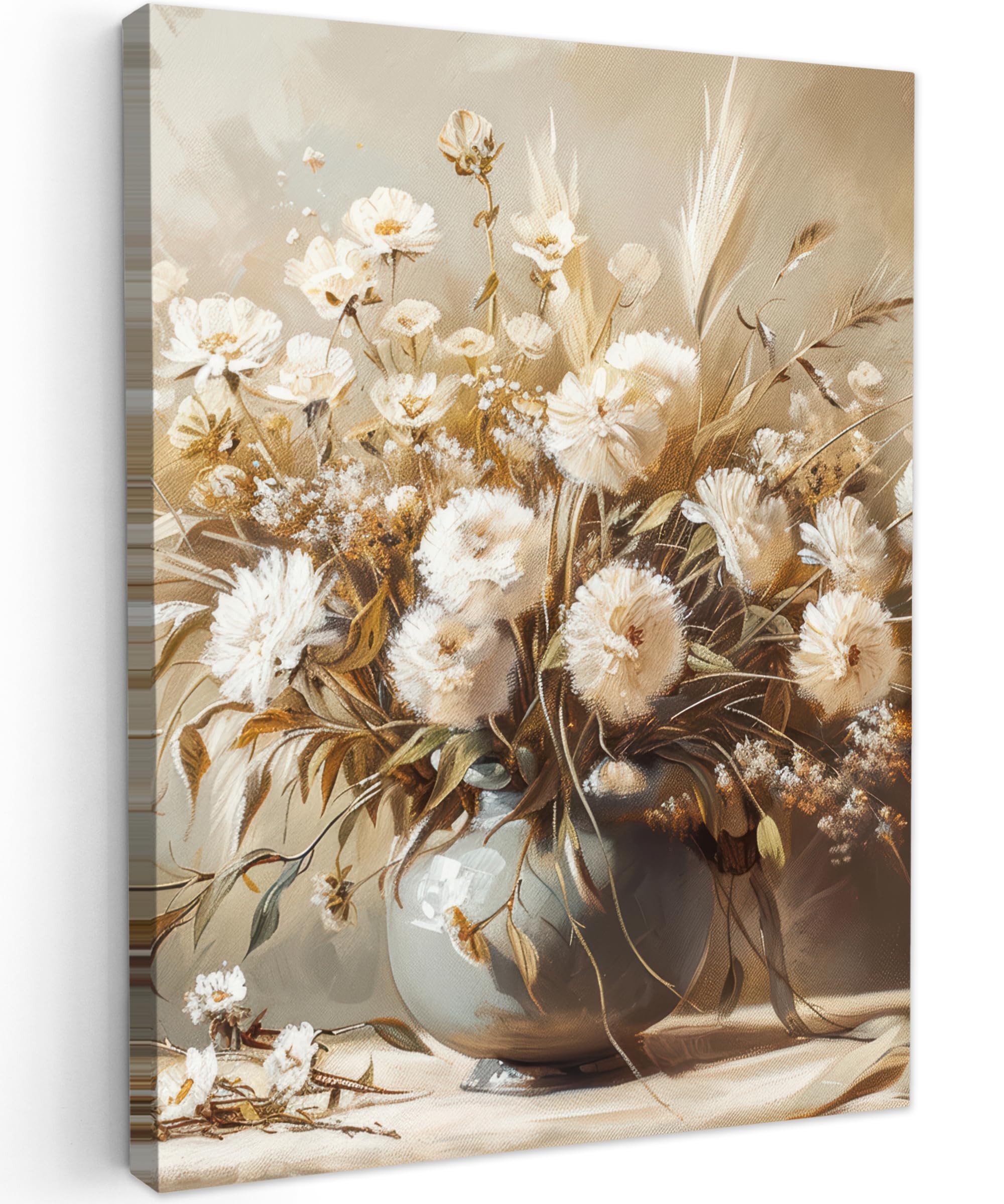 MuchoWow© Canvas Wall Art 24"x31" / 60x80 cm Decor Prints for Living Room Decorative Canvases Hall Artwork Flowers - Vase - Still life - Beige
