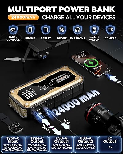 Miniatura 5 de Arrancador de coche con cargador rápido de 65 W, batería de 24000 mAh, batería de coche de 12 V, portátil, pantalla LED, impulsor de motor diesel de