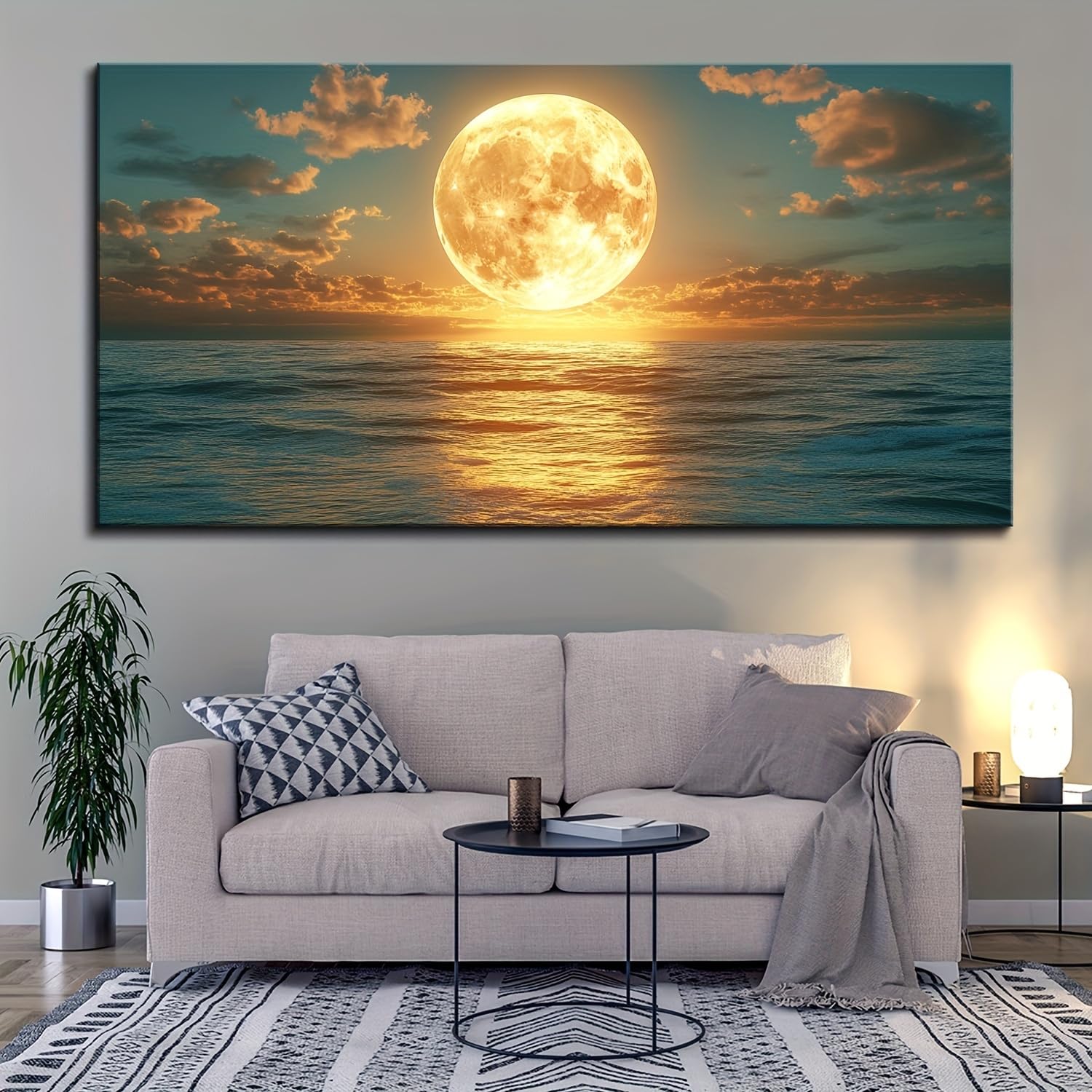 IHHGNB Stunning Ocean Views Large Canvas Prints Yellow Sunset Canvas Painting Wall Pictures Artwork for Living Room Home Decor(75x150cm(30x59in)/No frame)