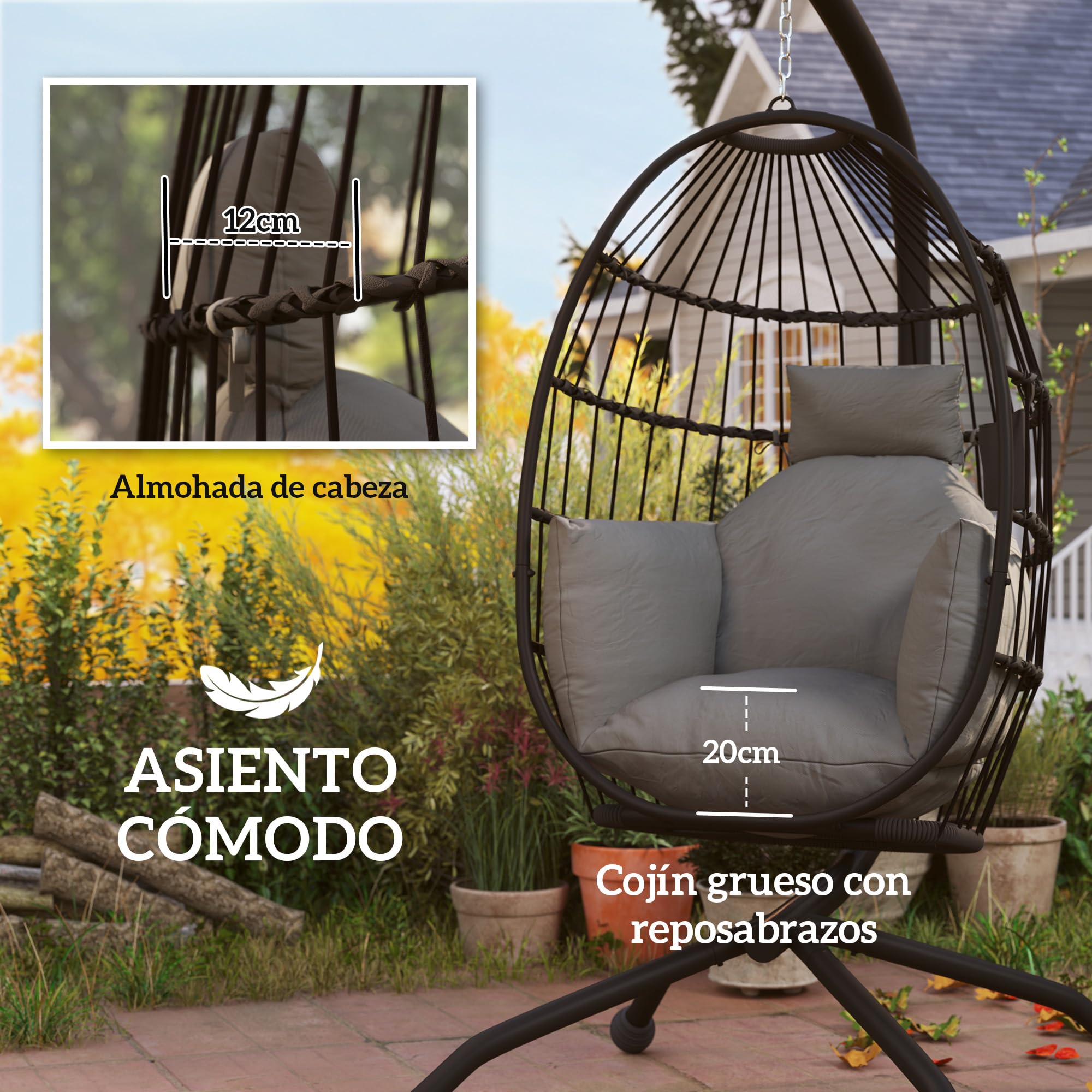 Outsunny Silla Colgante Huevo con Soporte Columpio Jardín Exterior con Cesta Plegable Cojín y Reposacabezas Portavaso Columpio Colgante para Interior y Exterior Carga 120 kg Negro