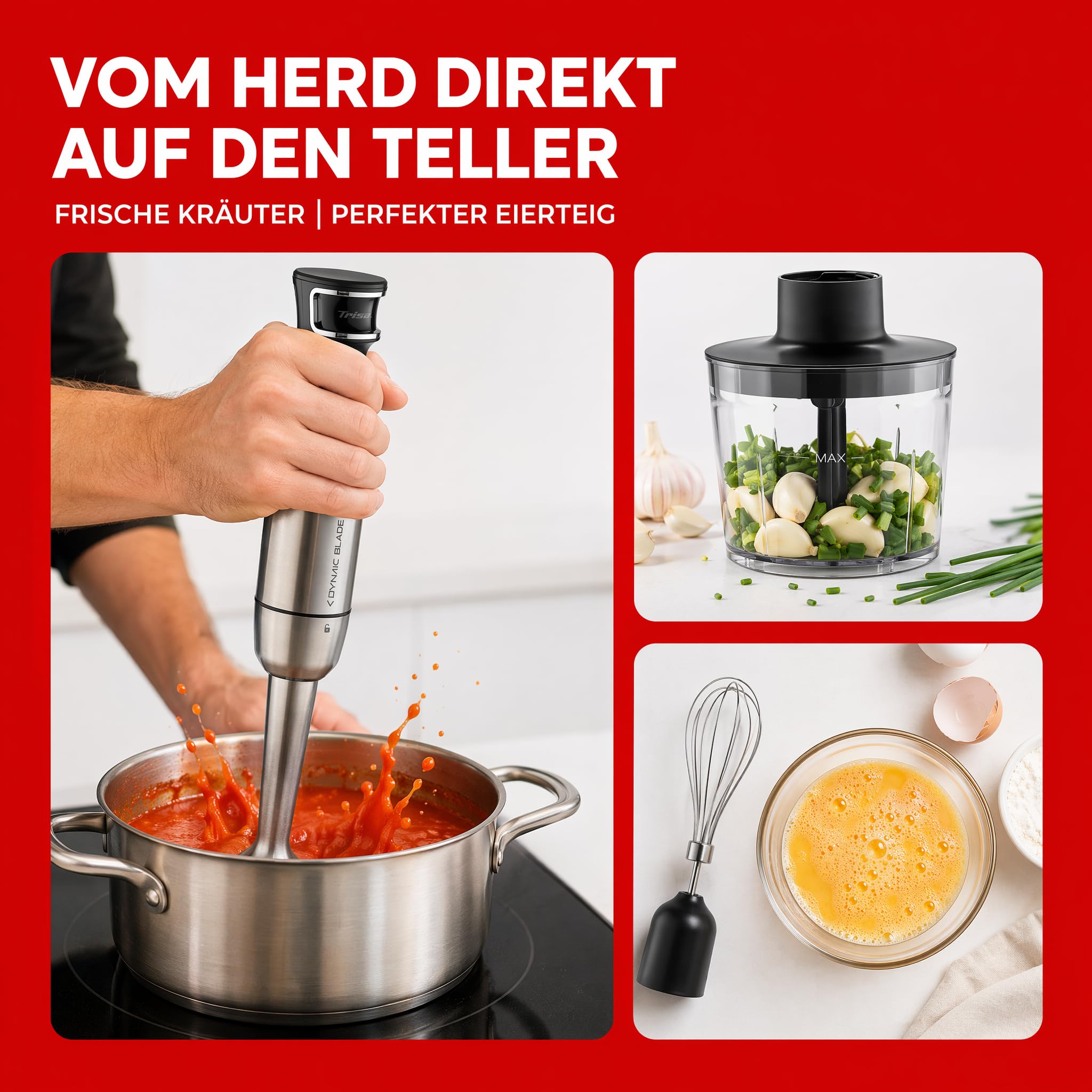 Trisa Batidora de inmersión, 4 en 1 batidora eléctrica, 1500 W, velocidades continuas, acero inoxidable, batidor, trituradora de 500 ml y vaso medidor de 700 ml para alimentos para bebés