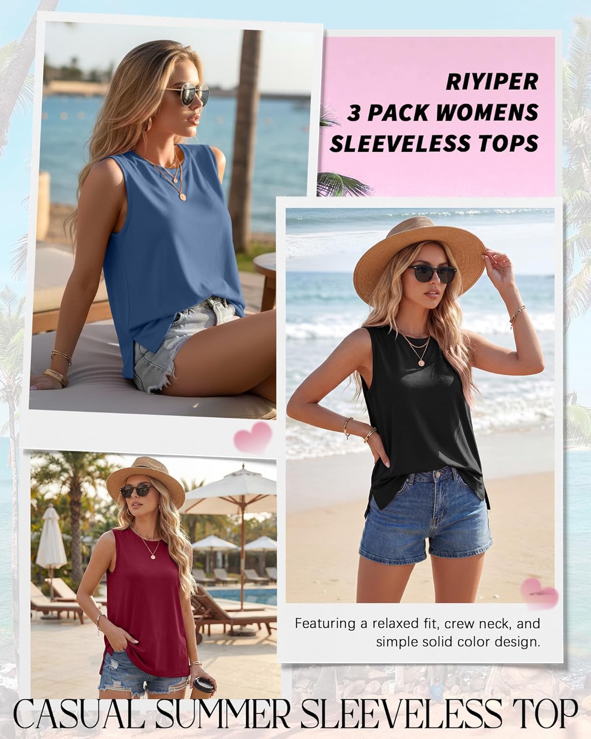 Riyiper 3 Pack Women's Sleeveless Tops Crew Neck Loose Fit Tank Tops Casual Summer Muscle Shirts Basic Solid Flowy Tees - Image 4