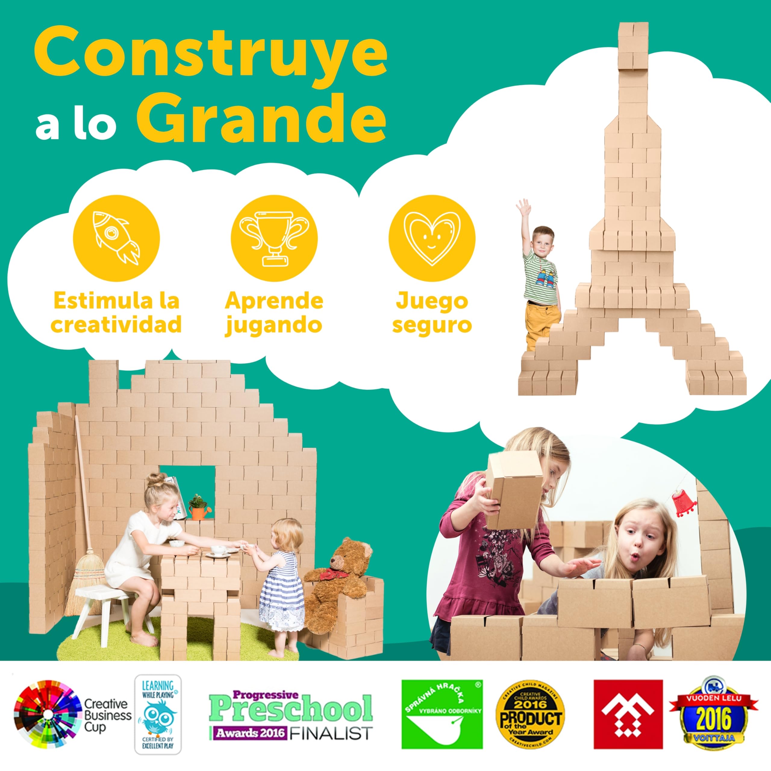 GIGI BLOKS Tamaño XXL 100 Ladrillos de Cartón Encajables y Apilables | Robustos y Fáciles de Montar Grandes Bloques Construccion Niños | Kit Construcción Fuerte Niños | Juegos Infantiles Educativos