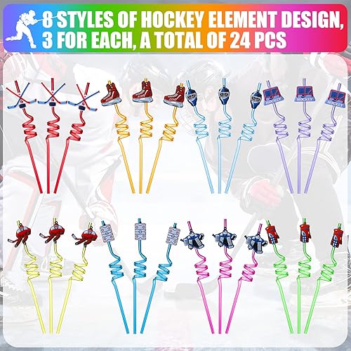 Miniatura 4 de Roshtia 24 popotes de hockey sobre hielo, pajitas rizadas y retorcidas para fiesta, pajitas locas, regalos de fiesta de hockey, popotes