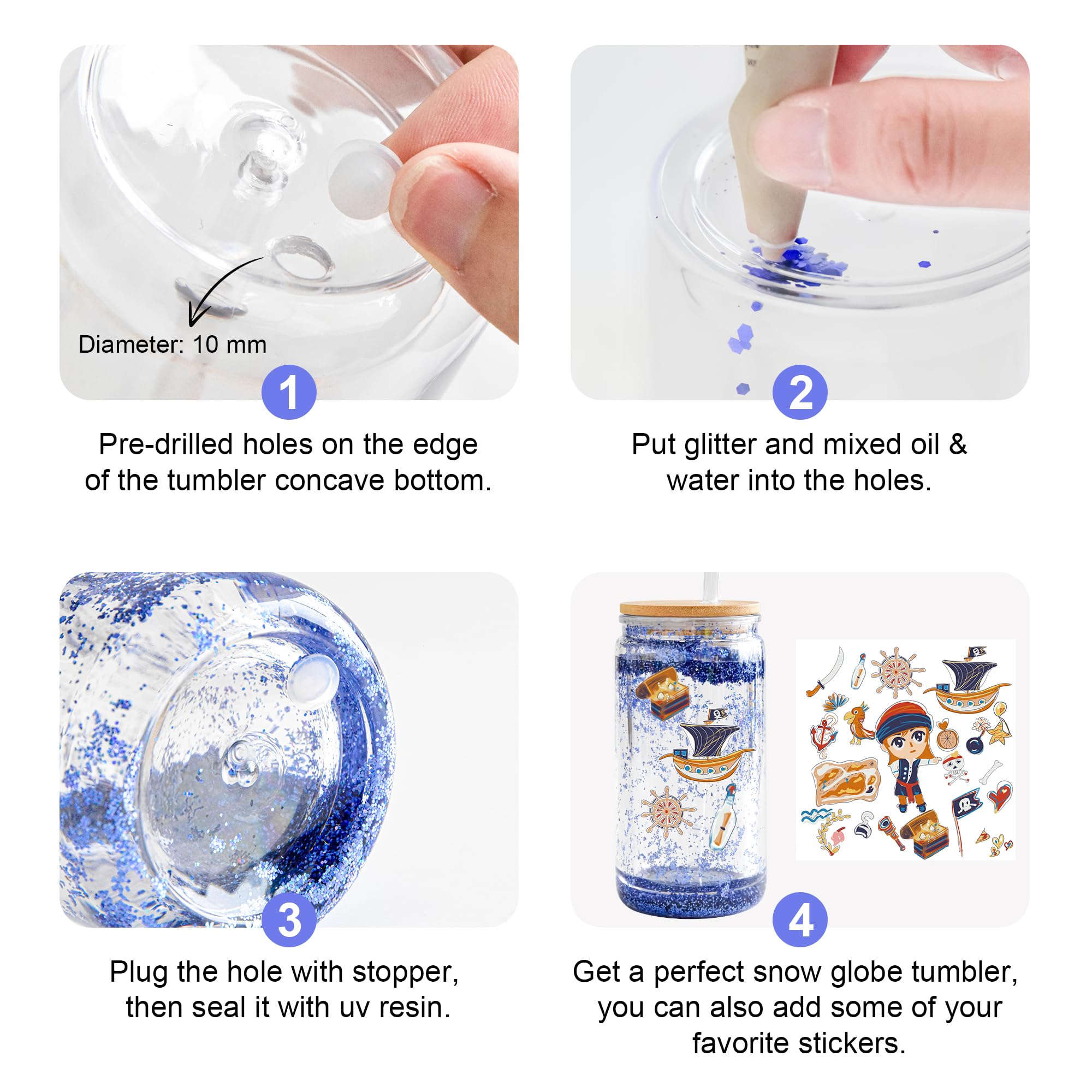 Lot de 8 boules à neige en acrylique avec couvercles en bambou et pailles, 473 ml, avec trou pré-percé, transparent à double paroi, pour boule à neige à paillettes