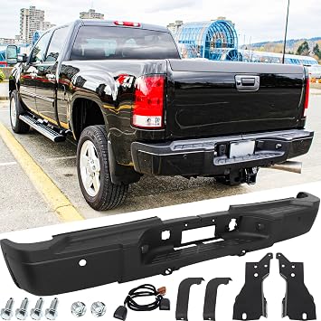 Rear Steel Step Bumper Assembly for 2011-2014 Chevy Silverado/GMC Sierra 2500 3500 HD with Park Sensor Holes Black Back Bumper Replacement for GM1103161,with Pads Brackets and License Plate Lights