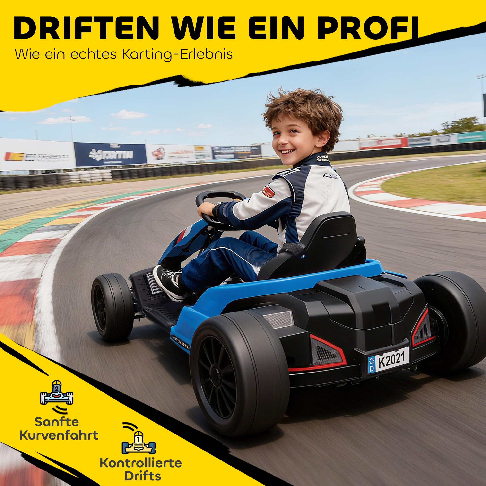 AIYAPLAY Kinder Elektro Gokart 24 V 6-18km/h Drift Kart mit 2 Motorn, Driftmodus, Verstellbarer Sitz, Go Kart mit MP3 Musik, USB-Anschluss, Sanft Start Kinderfahrzeug für 6-12 Jahre Blau