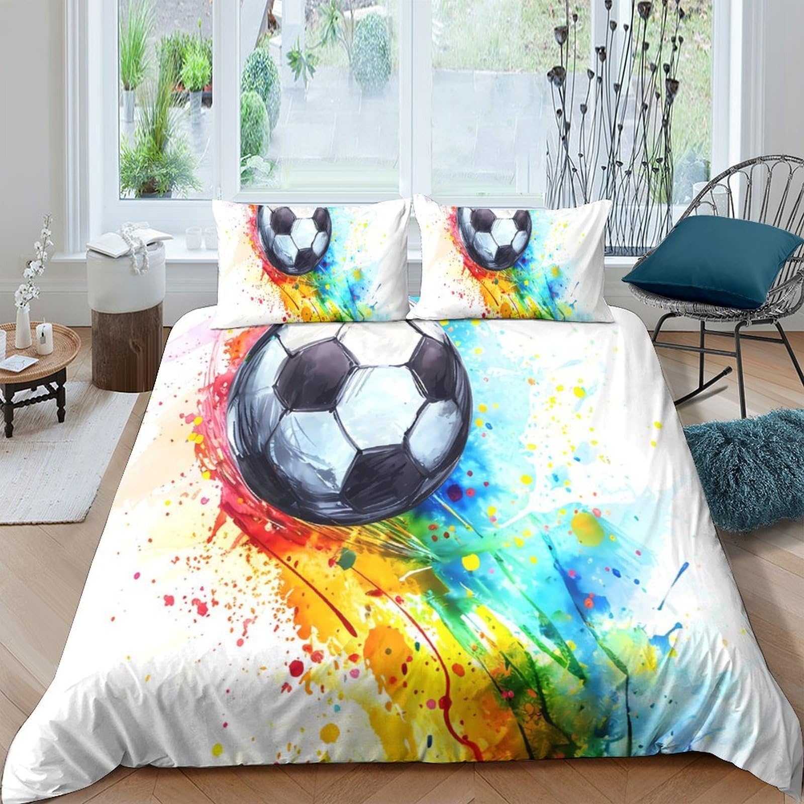 GPLZQXKJNH 3D Printed Watercolor Soccer Duvet Cover Set Microfiber Breathable with 2 Pillowcases for Bedroom Decor, Single（135x200cm）