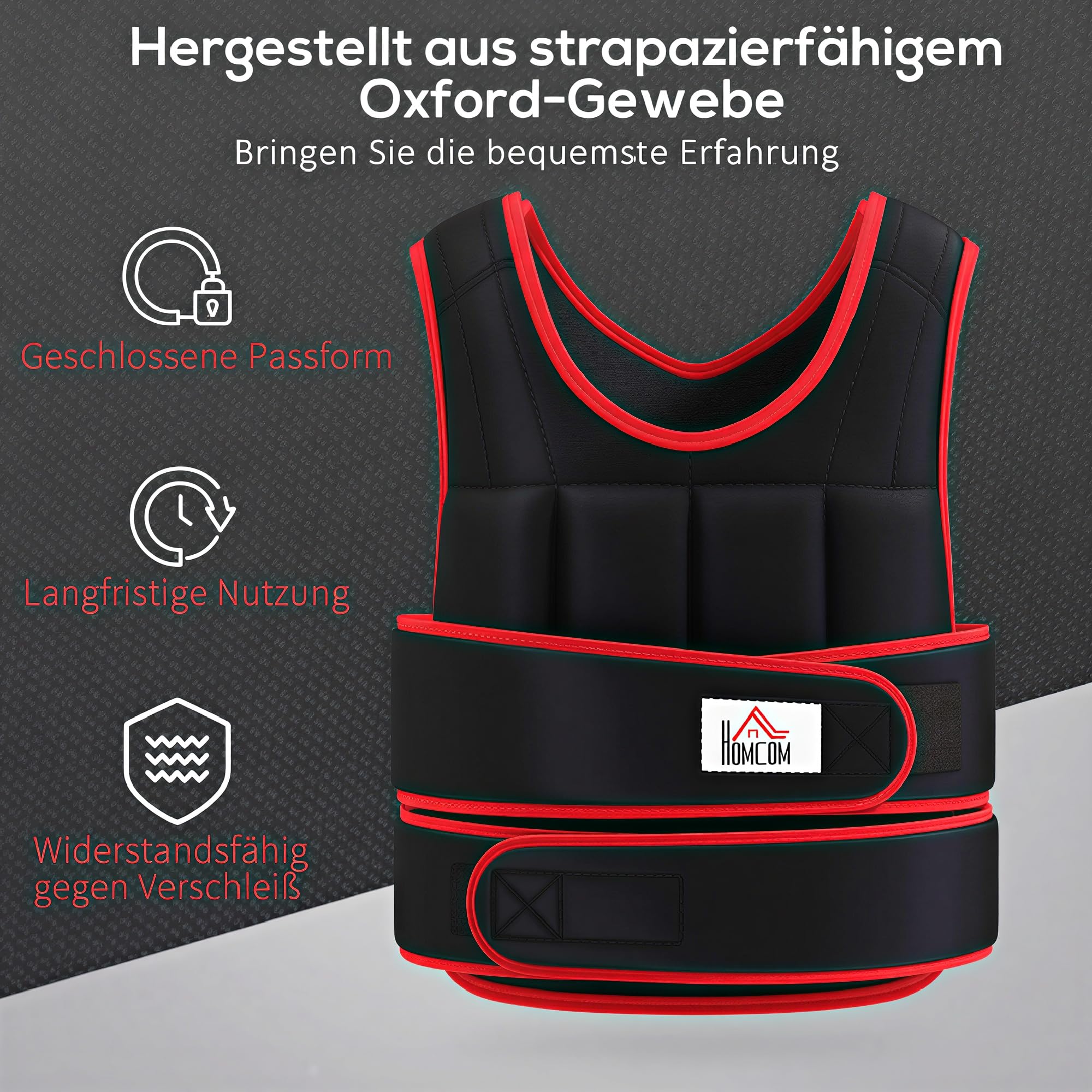 HOMCOM Gewichtsweste 20 kg mit verstellbaren doppelten Gurten Krafttraining Trainingsweste Gewichtsweste Fitness aus Oxford Metall-Sand 60 x 50 cm Schwarz+Rot