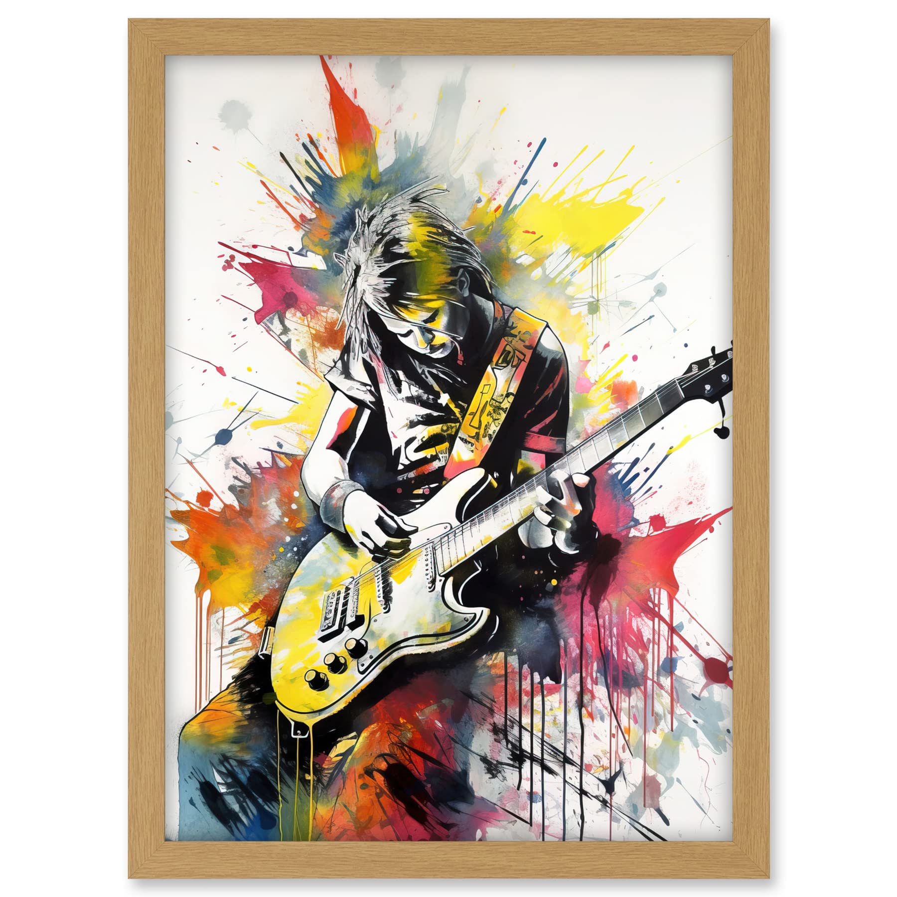 Artery8 Guitarist Playing Electric Guitar Music Solo Vibrant Modern Splat Paint Watercolour Illustration Artwork Framed A3 Wall Art Print