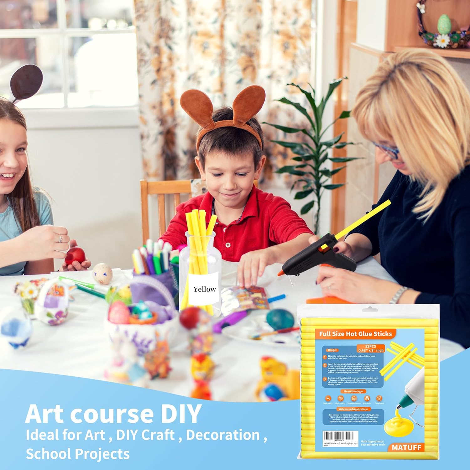 MATUFF Yellow hot Glue Sticks Full Size 0.43” Dia x 8” Long, 52 pcs Hot melt Adhesive Glue Sticks, All-Purpose Colored Glue Gun Sticks for Christmas Decoration Crafts Arts School Home Repair Bonding