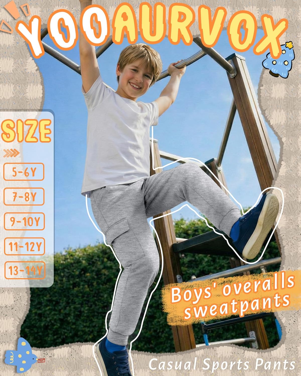 5 Pack Boys Cargo Sweatpants Kids Athletic Joggers Elastic Waist Casual Sport Pants with 4 Pockets 5-14 Years