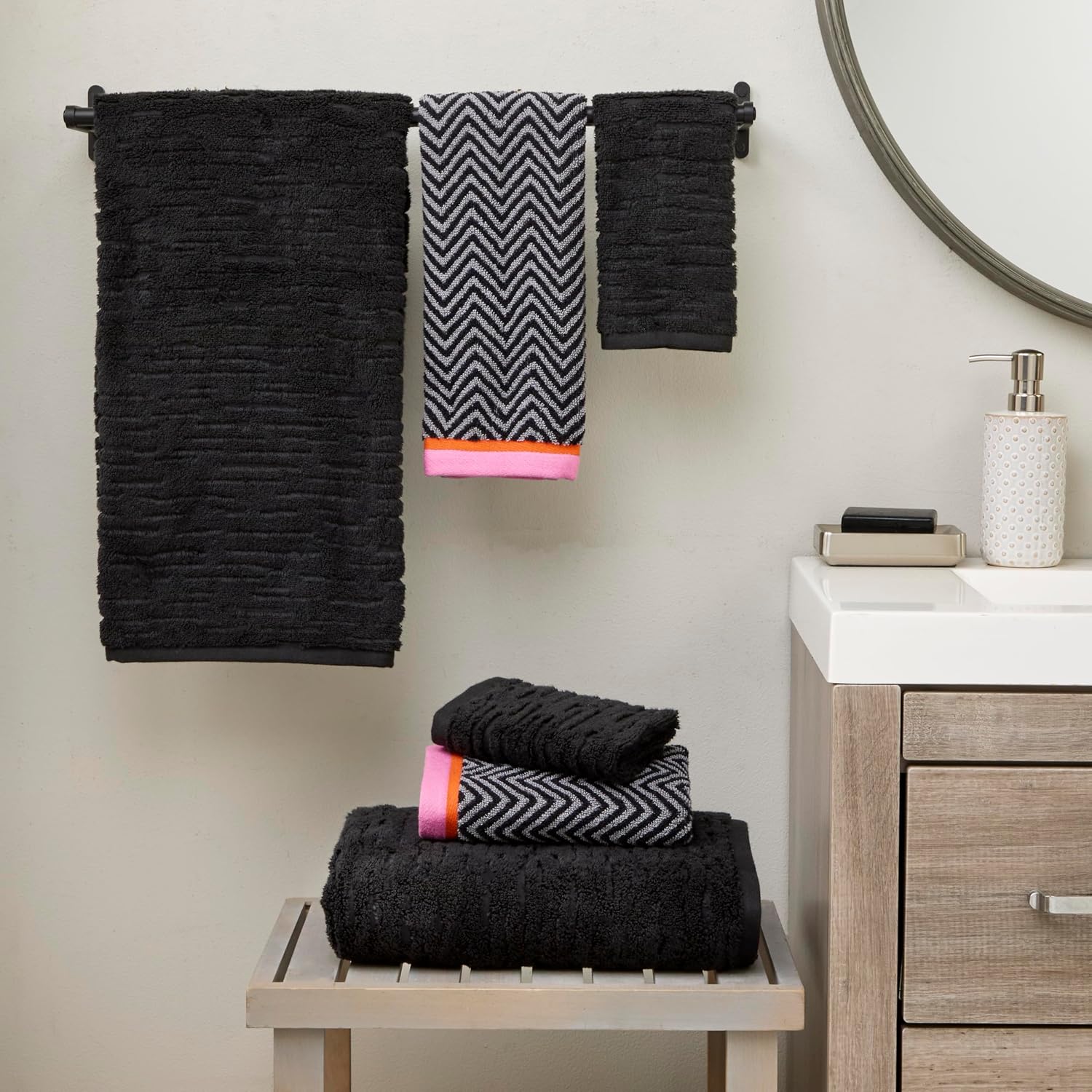 SKL Home CloudSoft/Herringbone & Border 100% Cotton Luxury 6-Piece Towel Set - 600 GSM, Ultra Plush & Absorbent, Reversible - 2 Bath Towels, 2 Hand Towels, 2 Washcloths, Slate