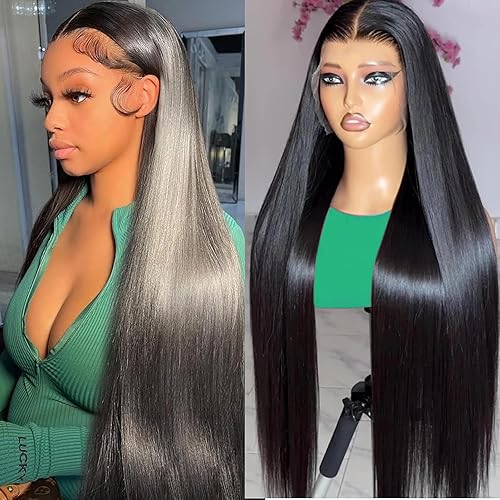 A ALIMICE Pelucas de cabello humano lacio con encaje frontal de 32 pulgadas, pelucas de encaje frontal de 13 x 4 para mujeres negras con cabello de