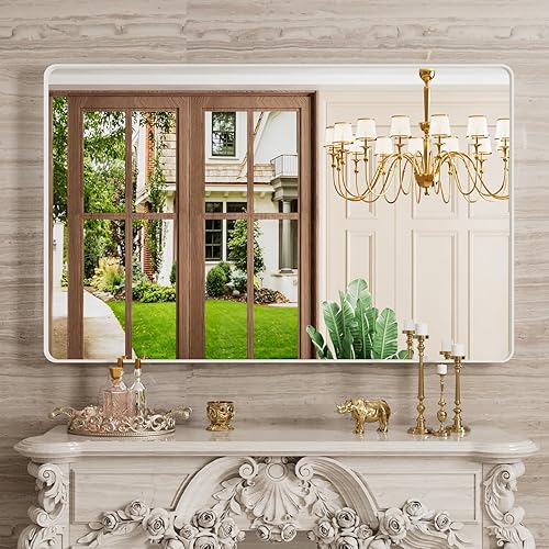 Miniatura 292 de Espejo de baño dorado, 48 x 30 pulgadas, espejo de marco de metal dorado cepillado para pared, espejo rectangular redondeado de tocador de baño