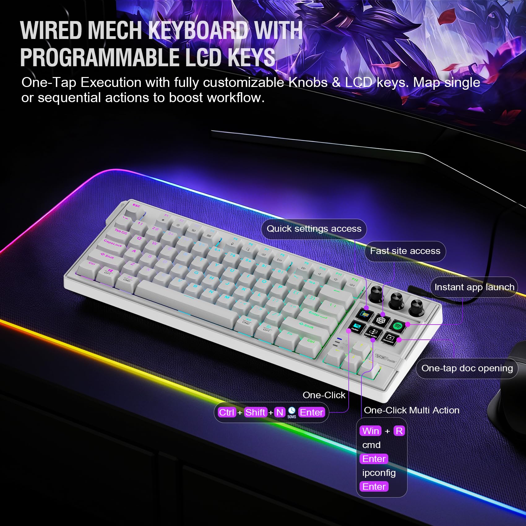 Clavier mécanique avec deck contrôleur de flux, pavé macro avec touches et boutons LCD personnalisables, clavier de raccourci de jeu, remplaçable à chaud, rétroéclairage RVB, pour PC Mac